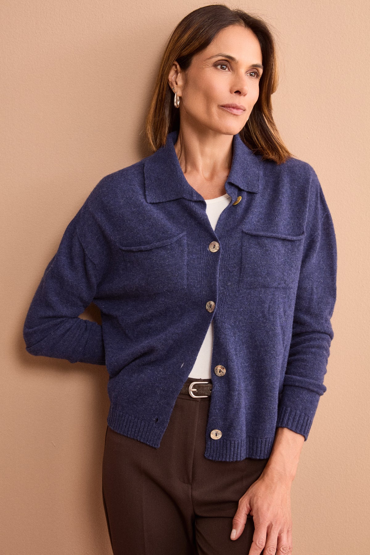 Cardigan con Bottoni e Collo a Polo in Lana Super Soft - BLU