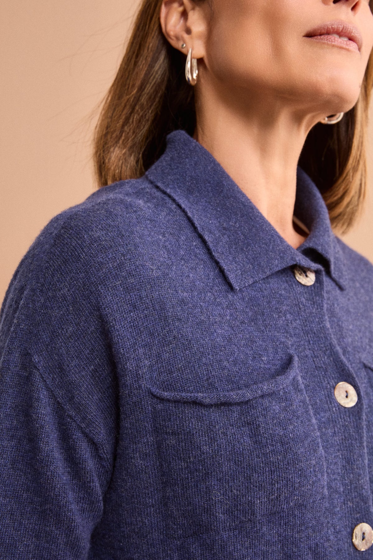Cardigan con Bottoni e Collo a Polo in Lana Super Soft - BLU
