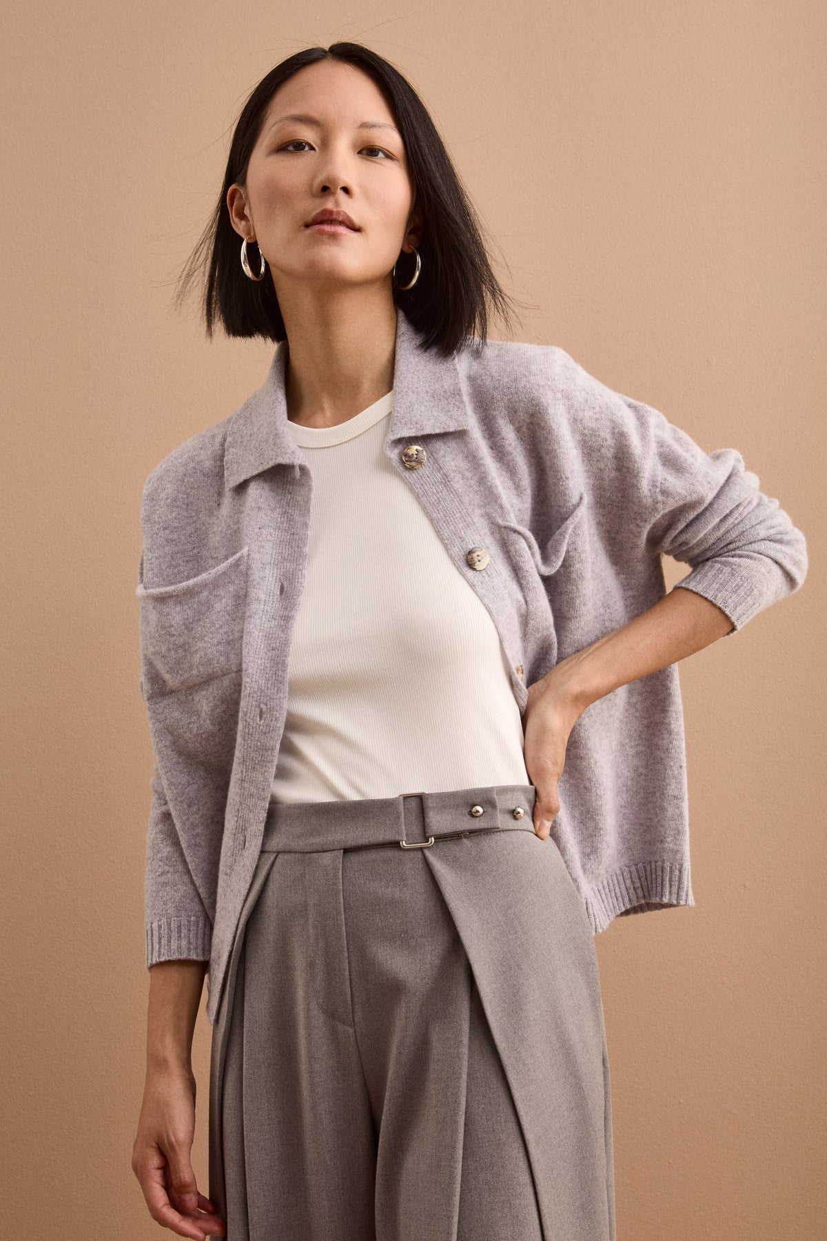 Super Soft Wool Polo Cardigan with Buttons - GREY