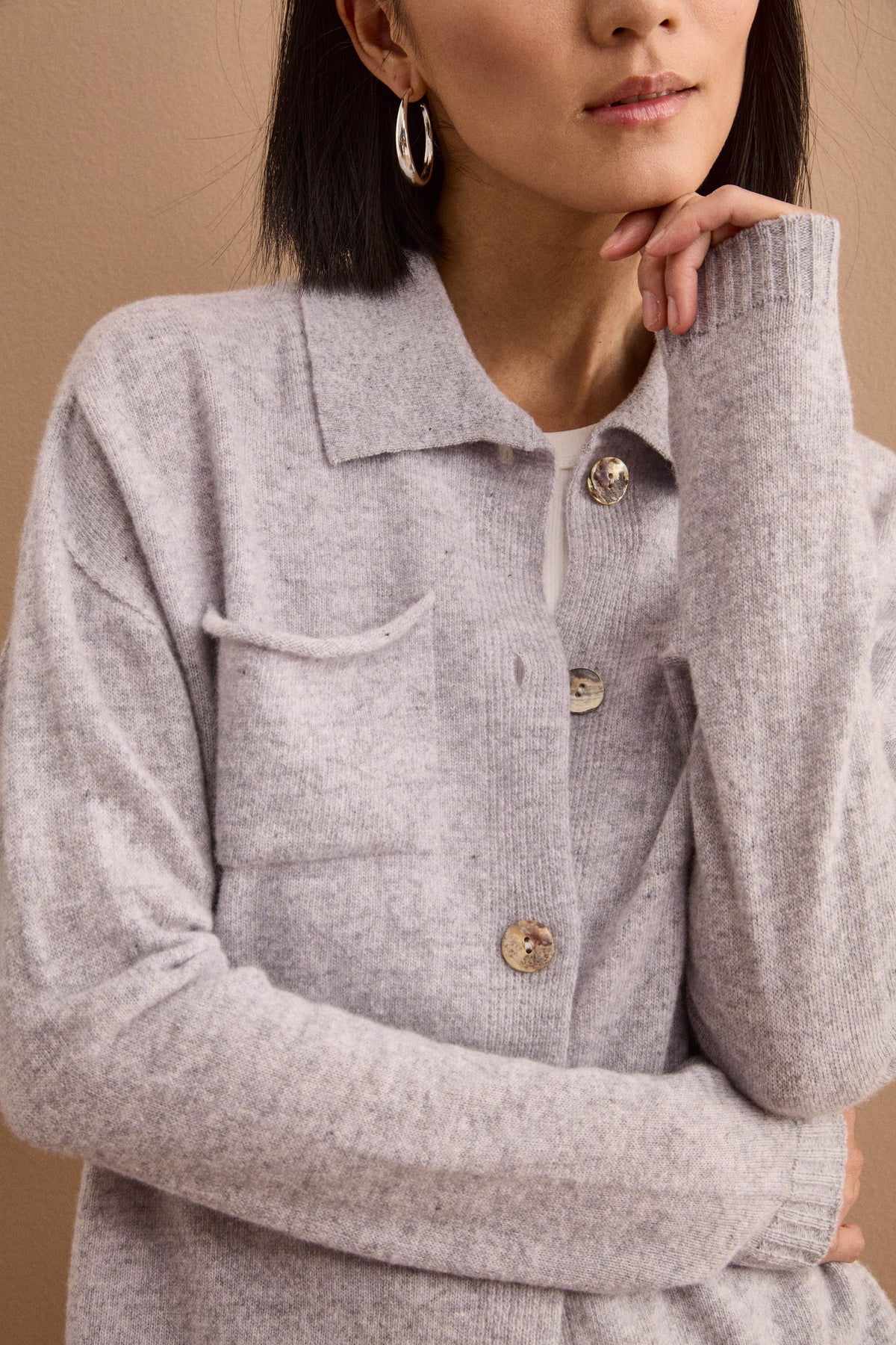 Super Soft Wool Polo Cardigan with Buttons - GREY