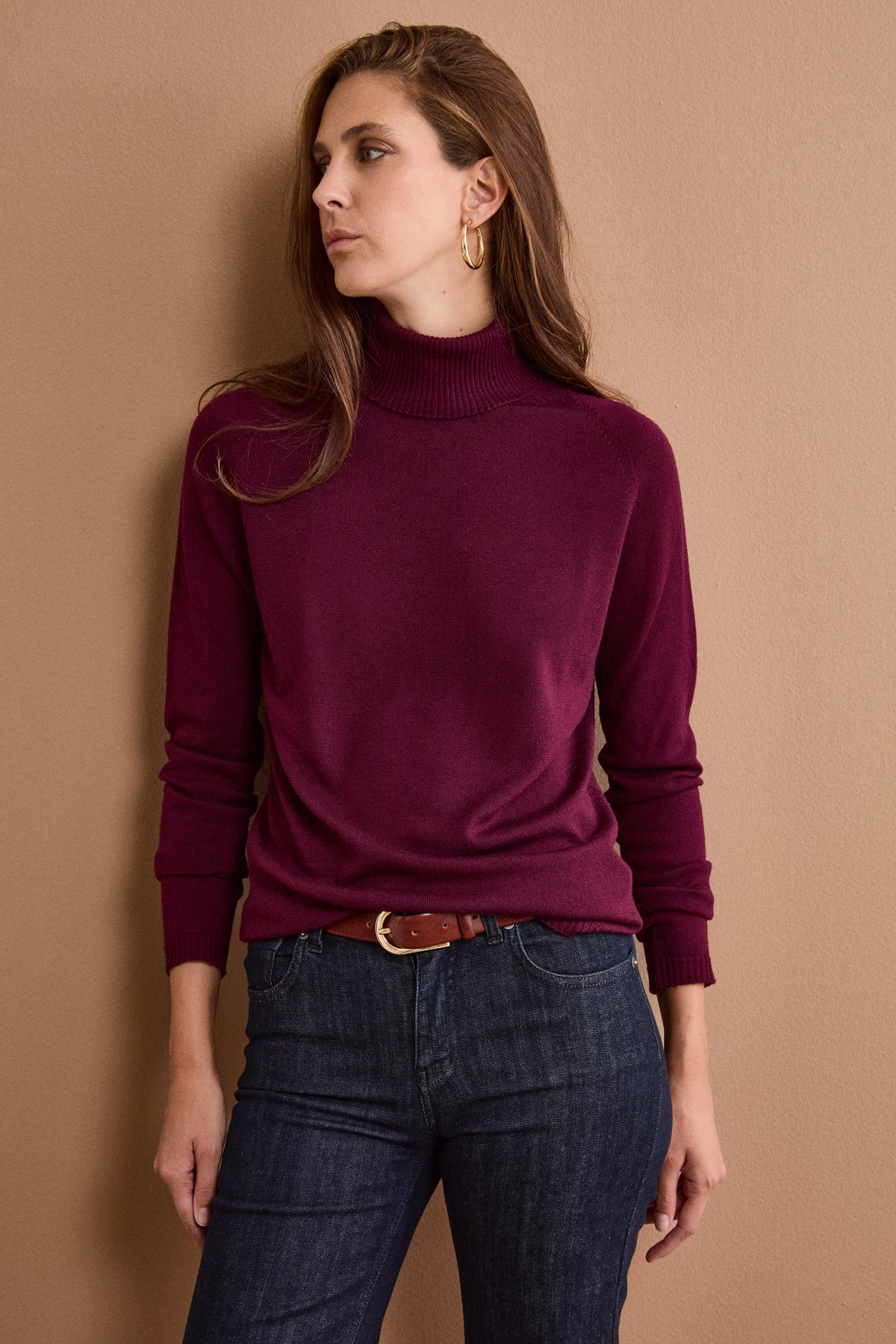 Rollkragenpullover aus Schurwolle mit Raglanärmeln - Burgundisch