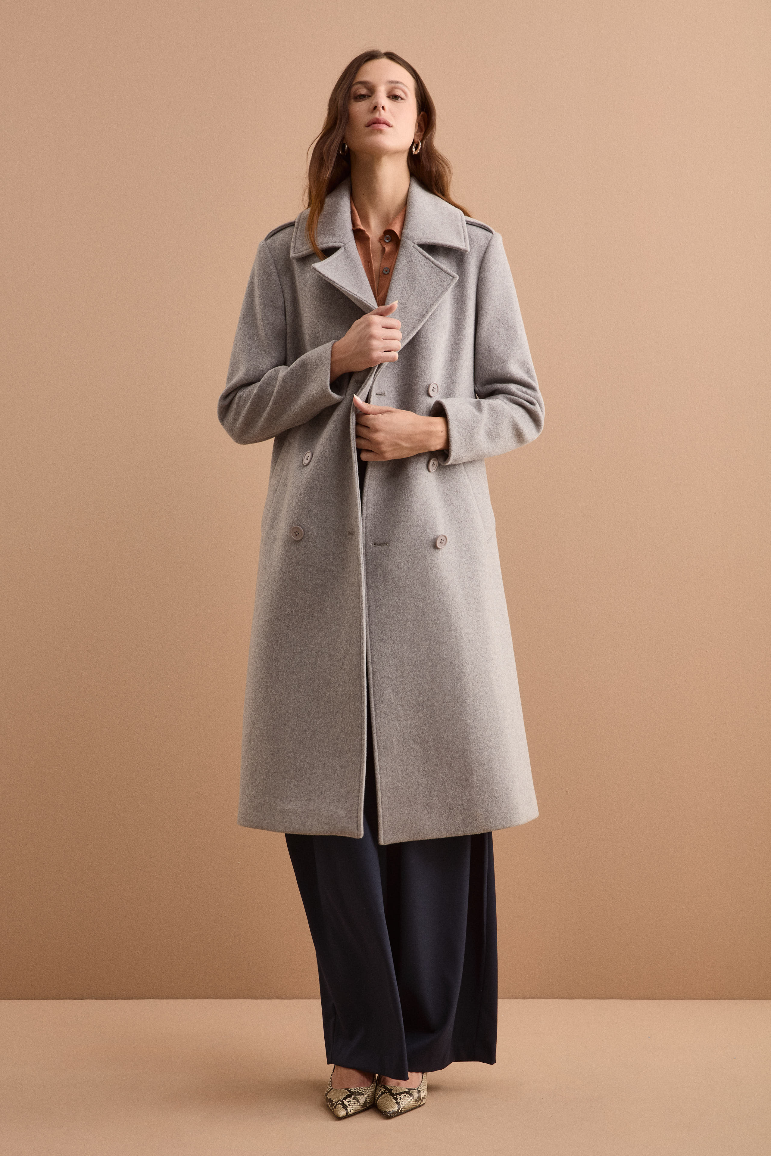 Long Double-Breasted Virgin Wool-Blend Coat - GREY