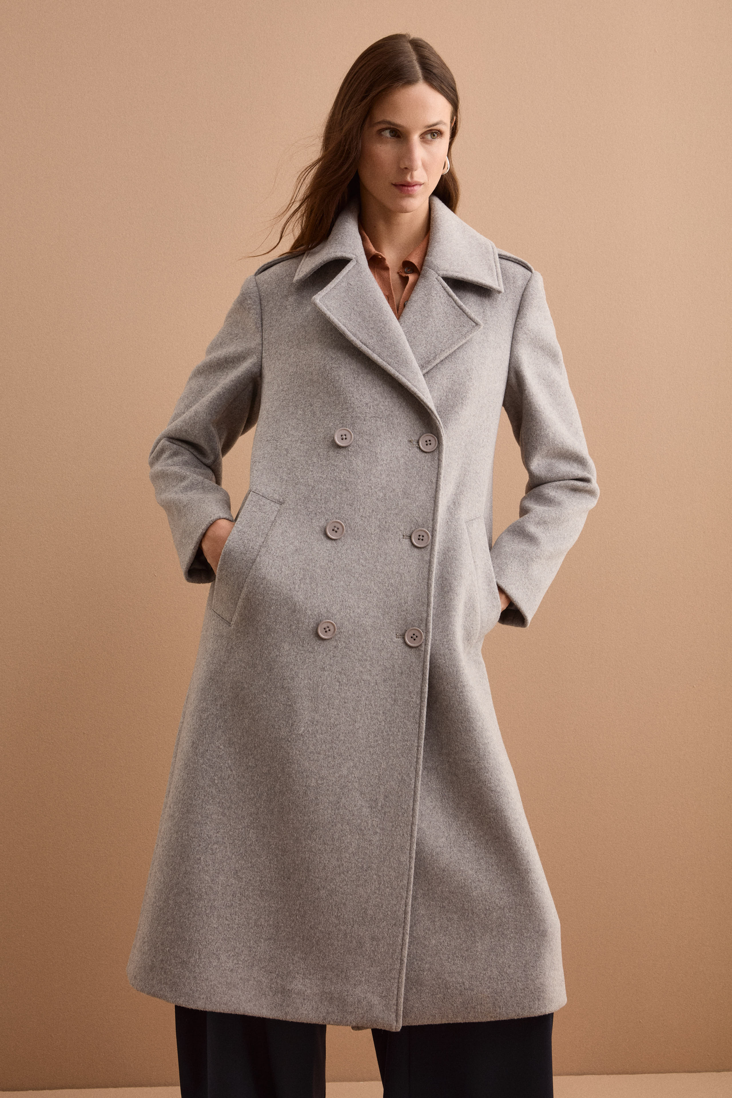 Long Double-Breasted Virgin Wool-Blend Coat - GREY