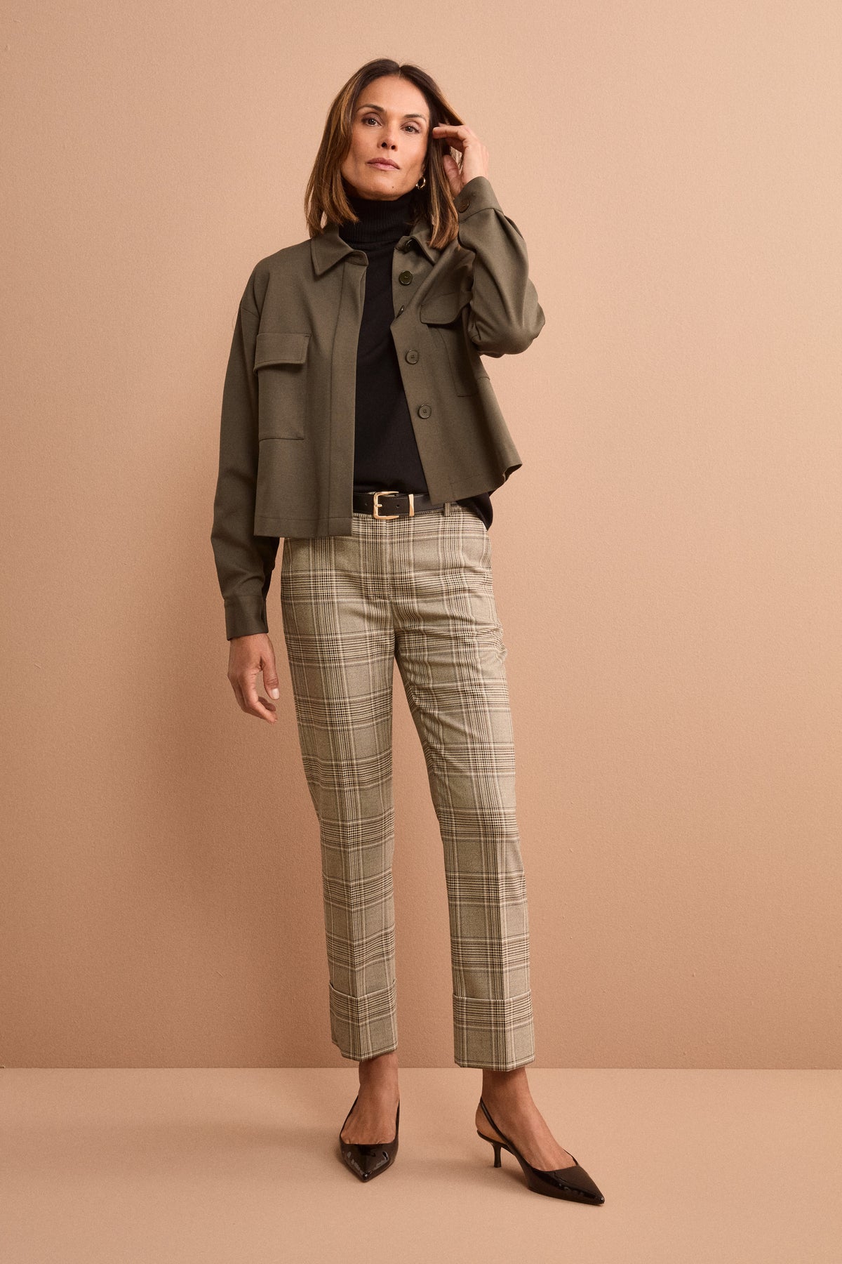 Pantalone Check a Sigaretta con Risvolto - BEIGE QUADRI
