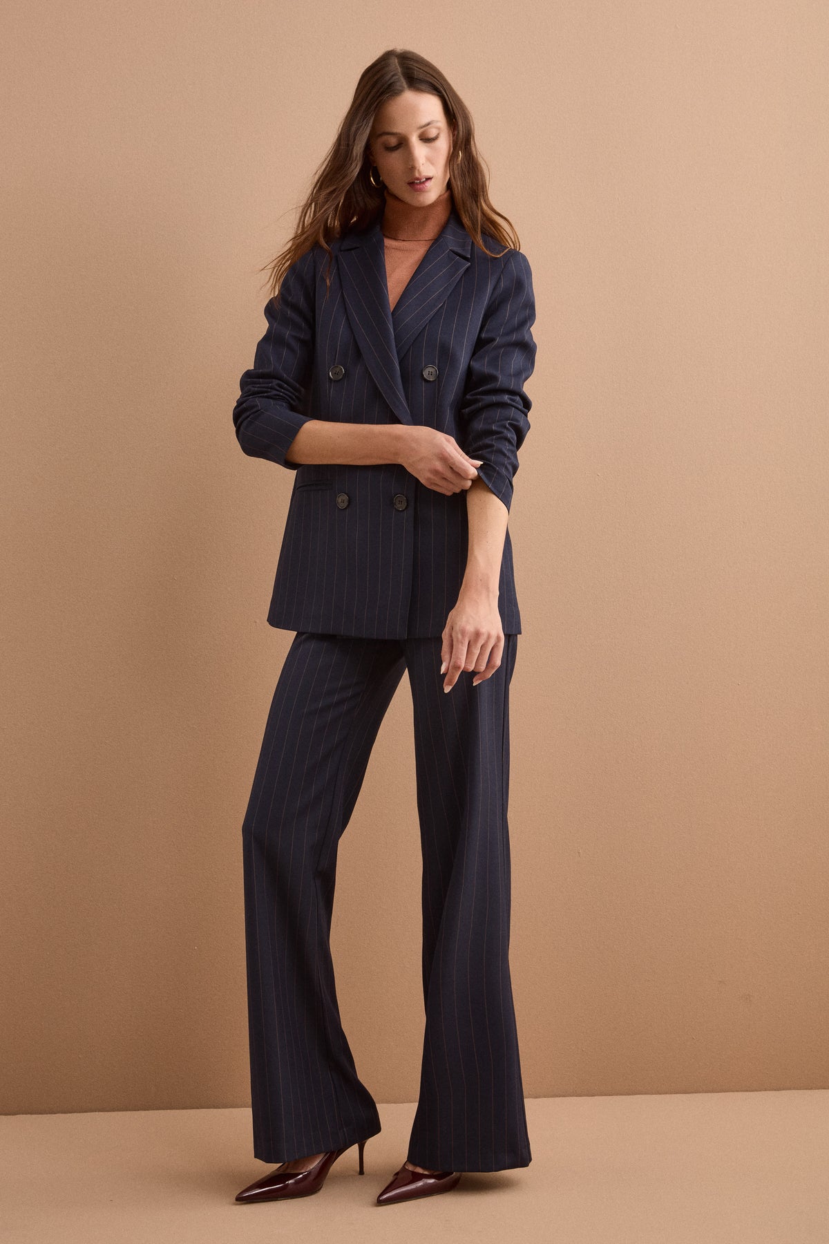 Zweireihiger Longblazer aus Milano-Rippe - Blauer Pinstrip