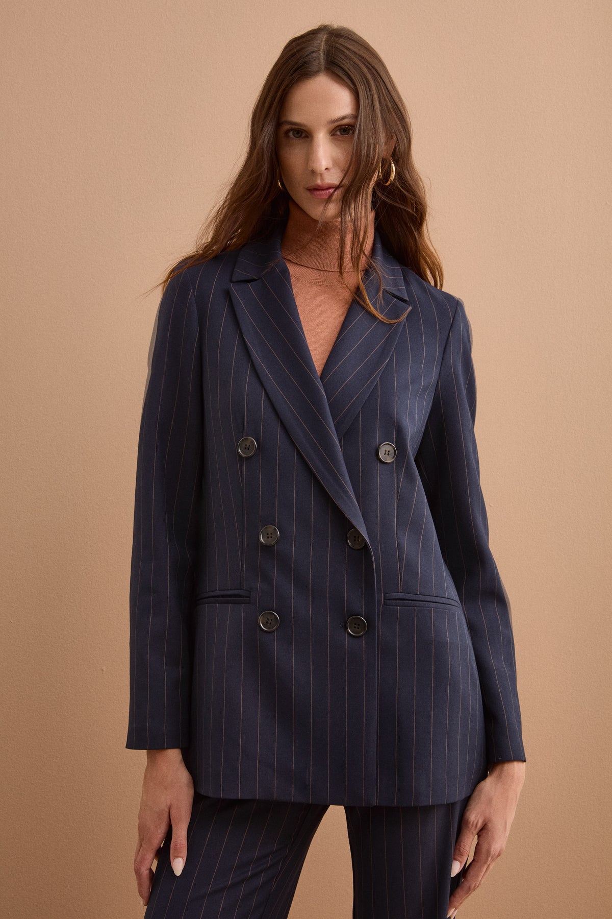 Zweireihiger Longblazer aus Milano-Rippe - Blauer Pinstrip
