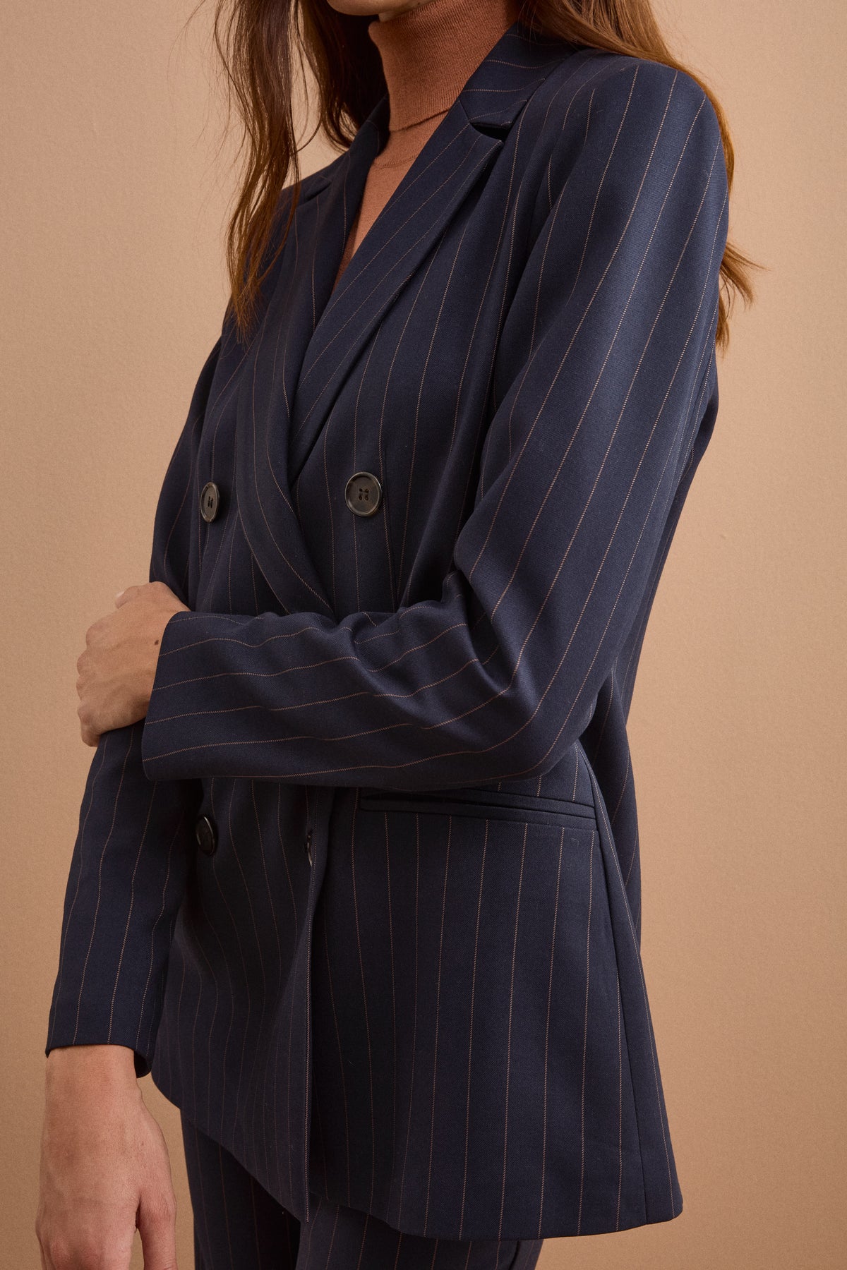 Zweireihiger Longblazer aus Milano-Rippe - Blauer Pinstrip