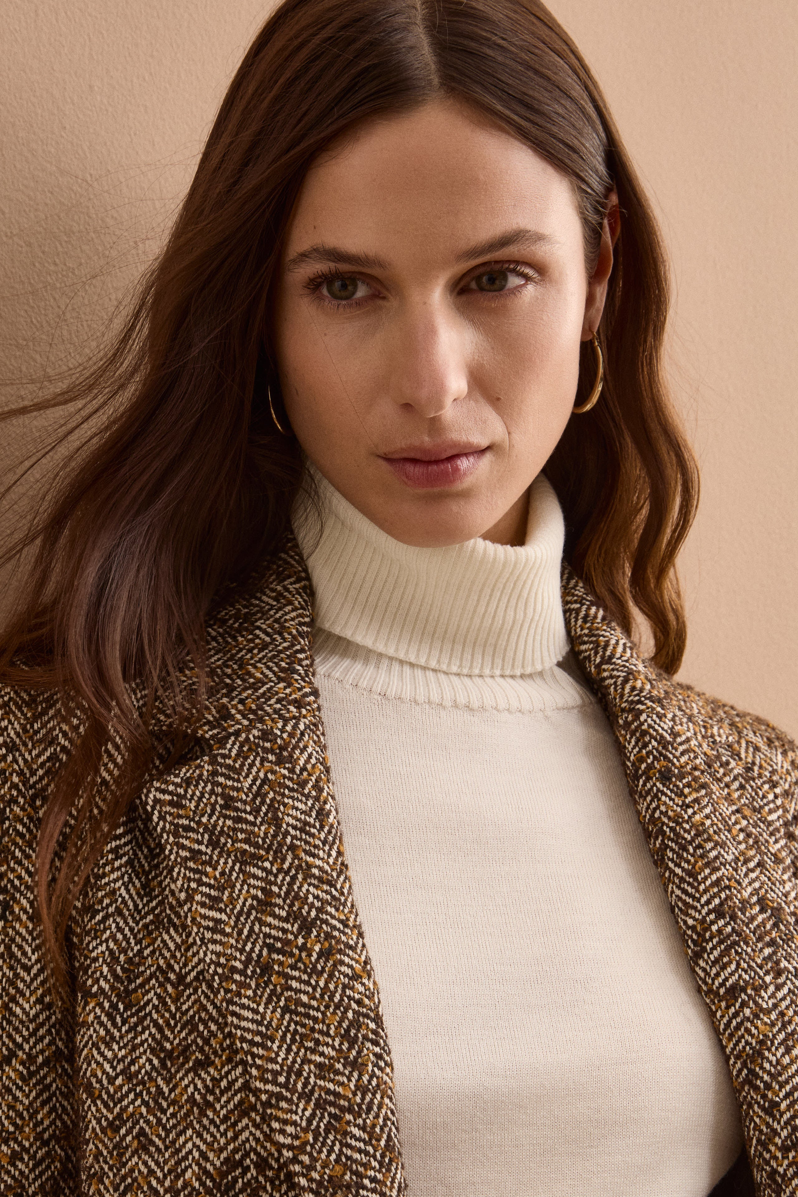 Wool-Blend Tweed Blazer with Elbow Patches - Brown herringbone