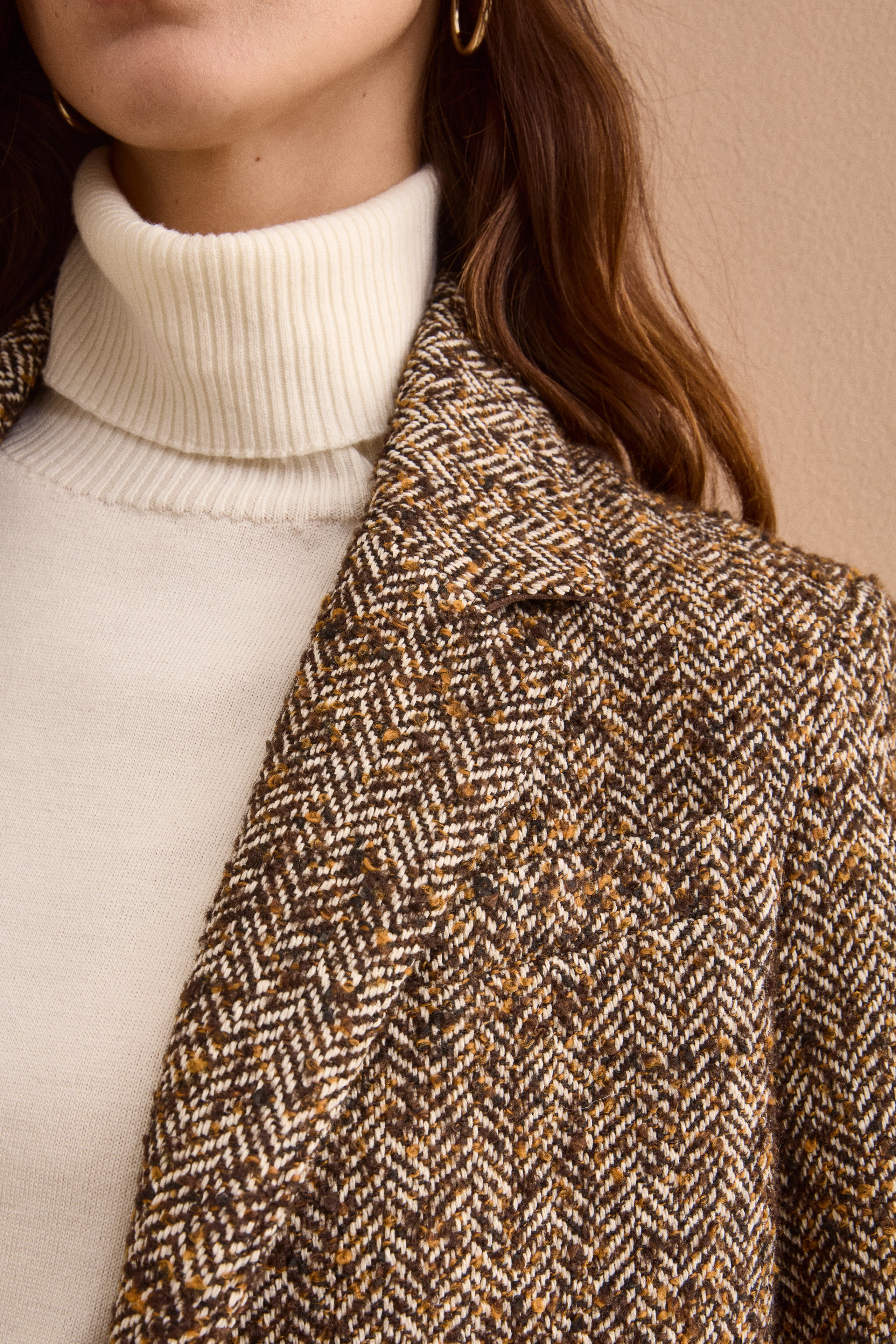 Wool-Blend Tweed Blazer with Elbow Patches - Brown herringbone