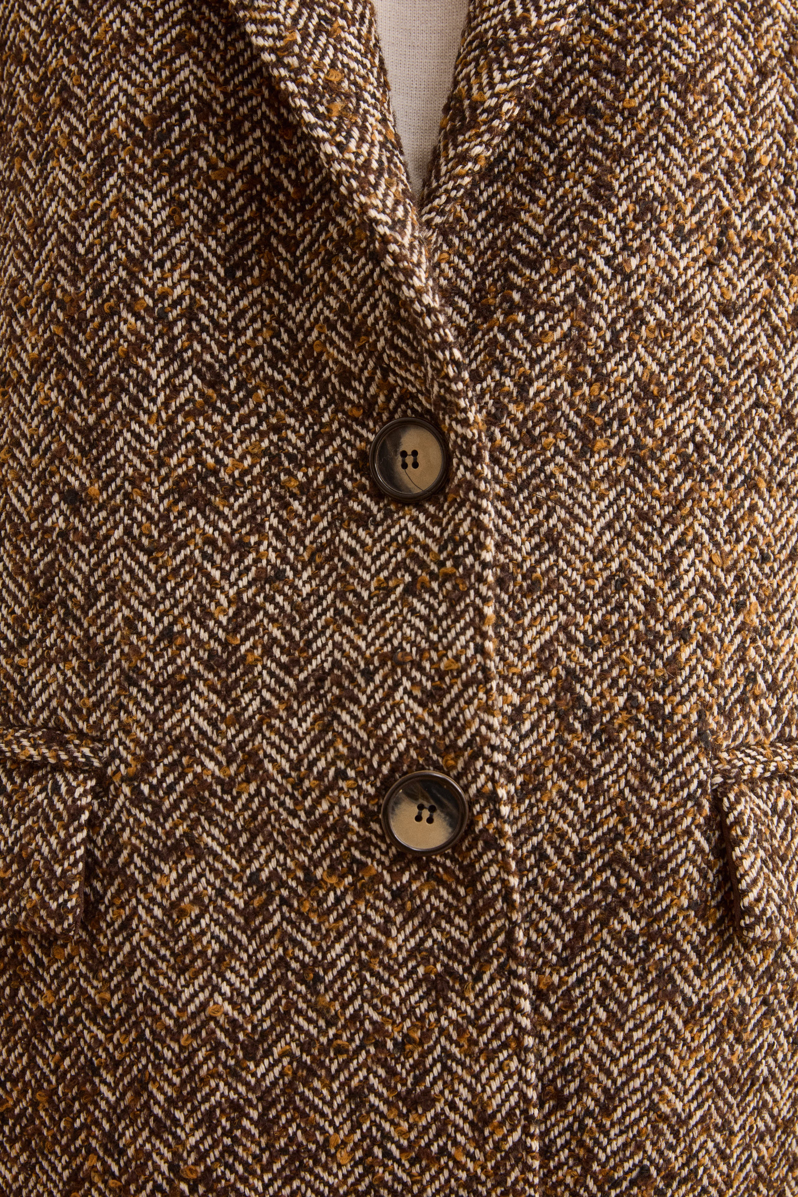 Wool-Blend Tweed Blazer with Elbow Patches - Brown herringbone