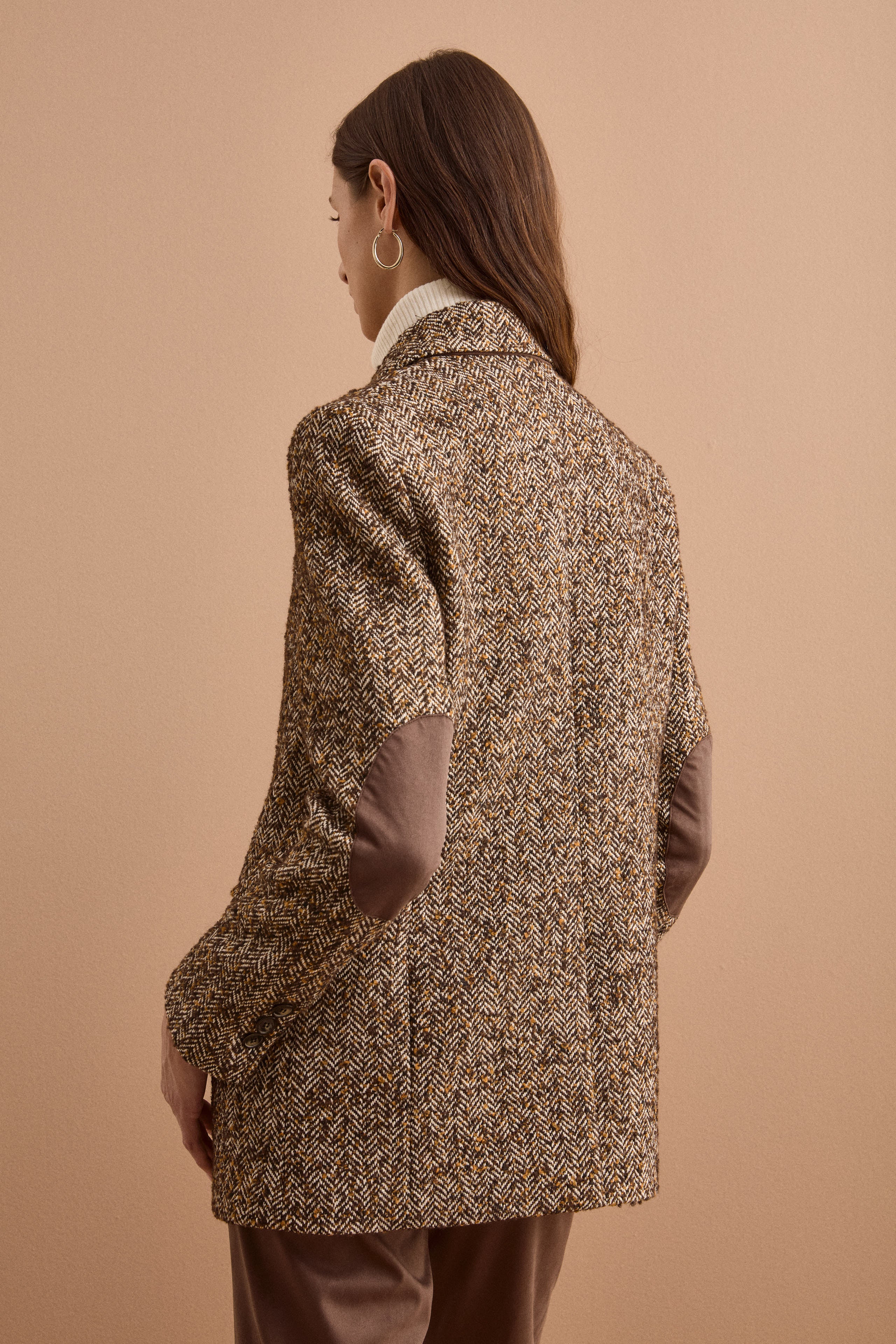 Wool-Blend Tweed Blazer with Elbow Patches - Brown herringbone