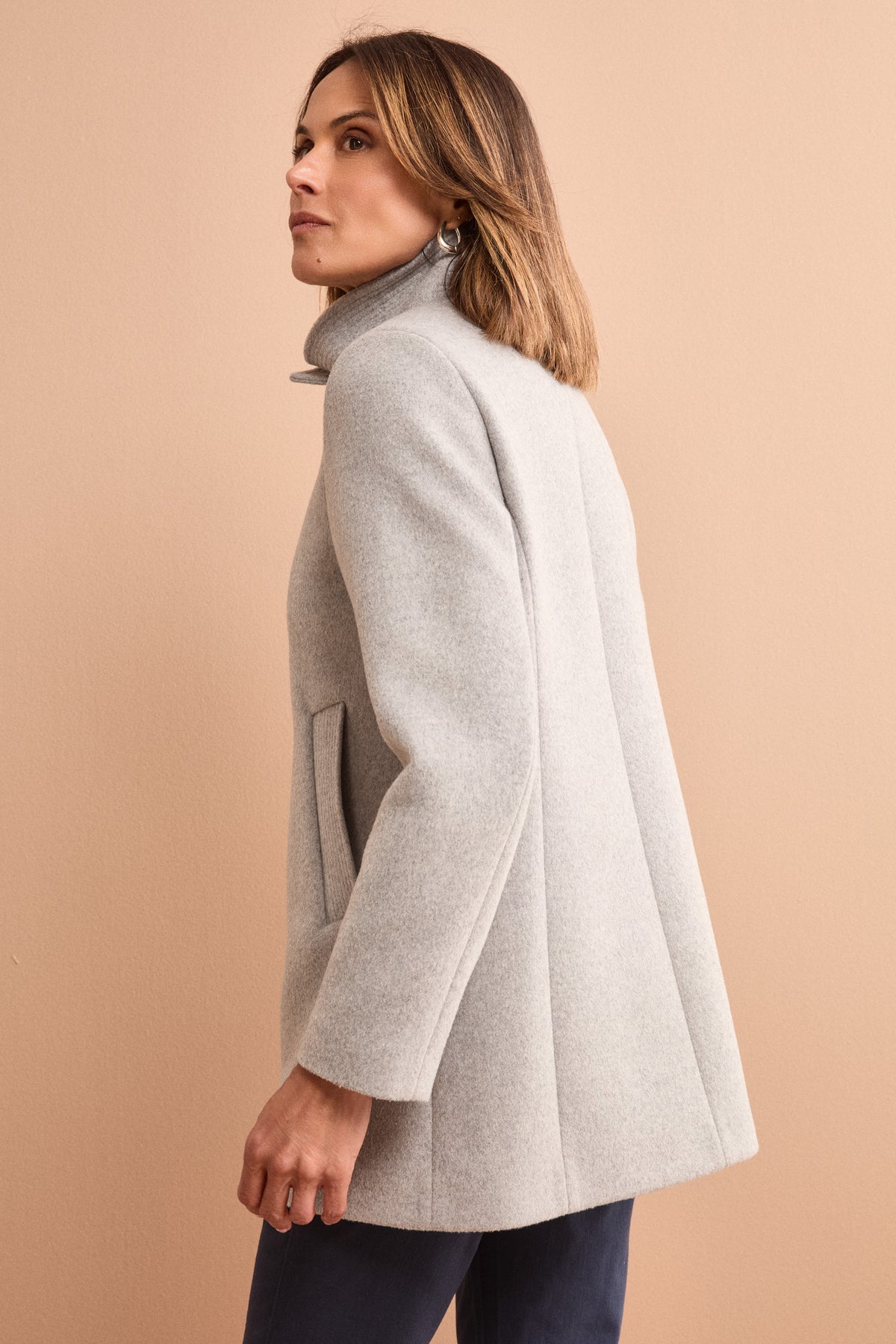 Midi Wool Blend Coat with High Collar - GREY