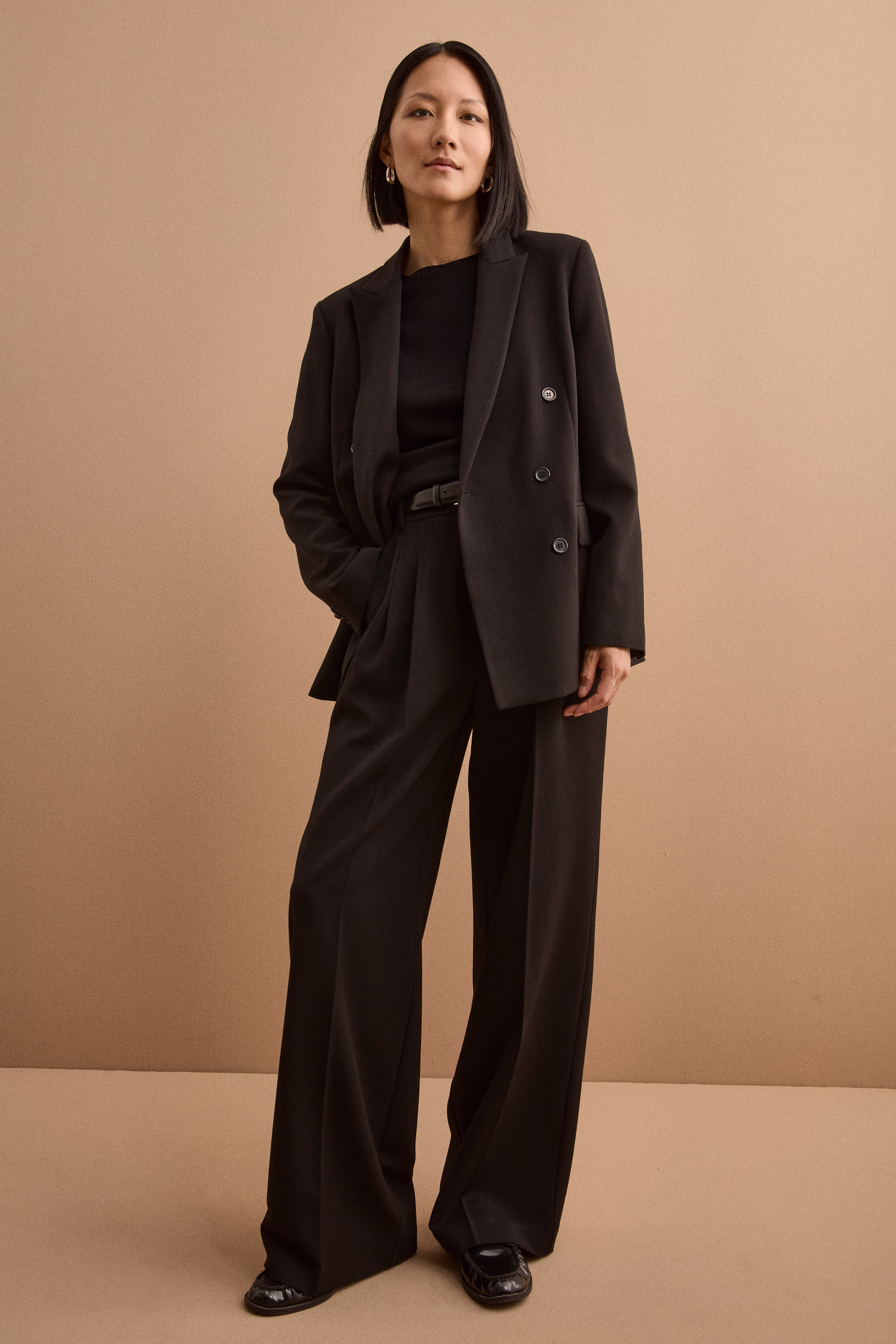 Lined Double-Breasted Blazer with Peak Lapels - BLACK