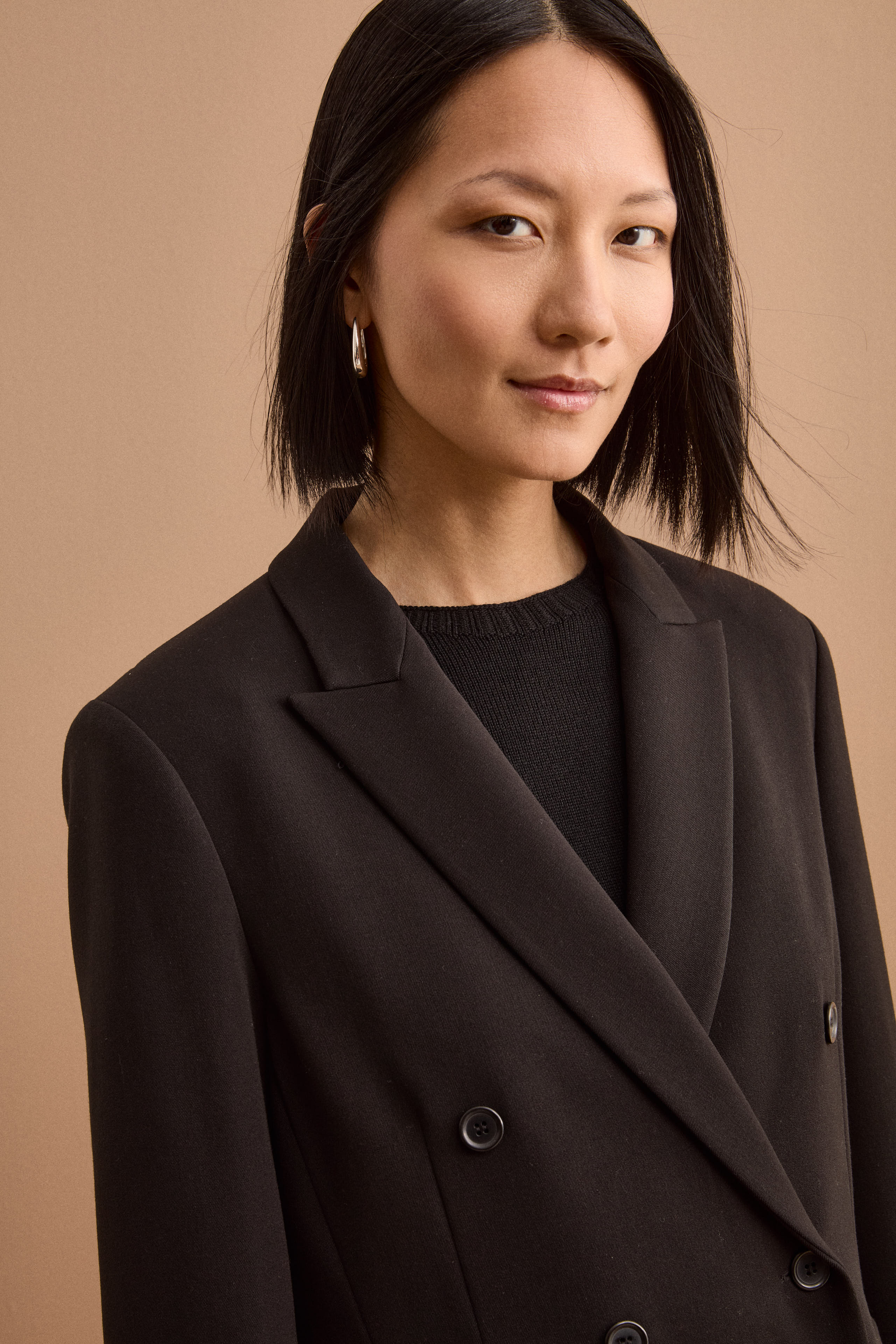 Lined Double-Breasted Blazer with Peak Lapels - BLACK