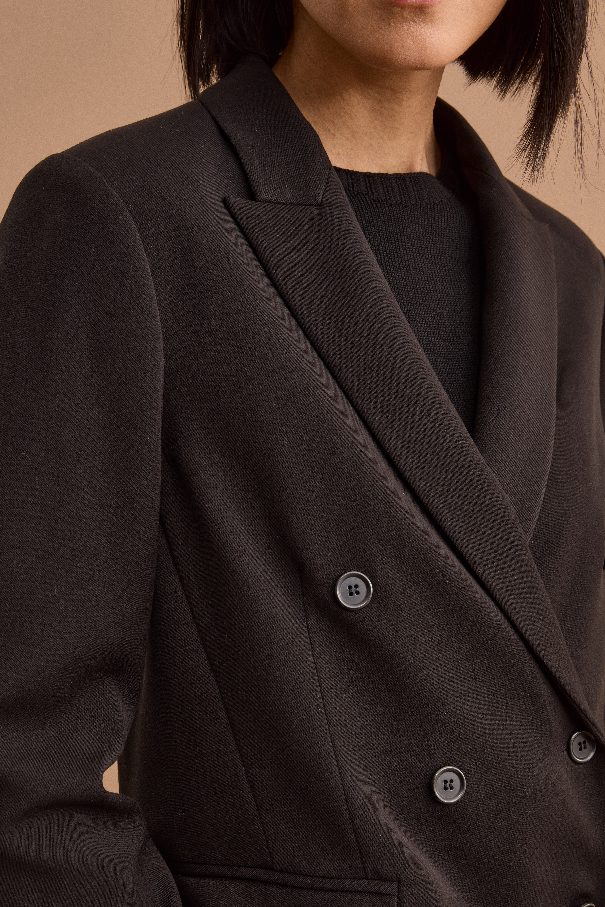 Lined Double-Breasted Blazer with Peak Lapels - BLACK