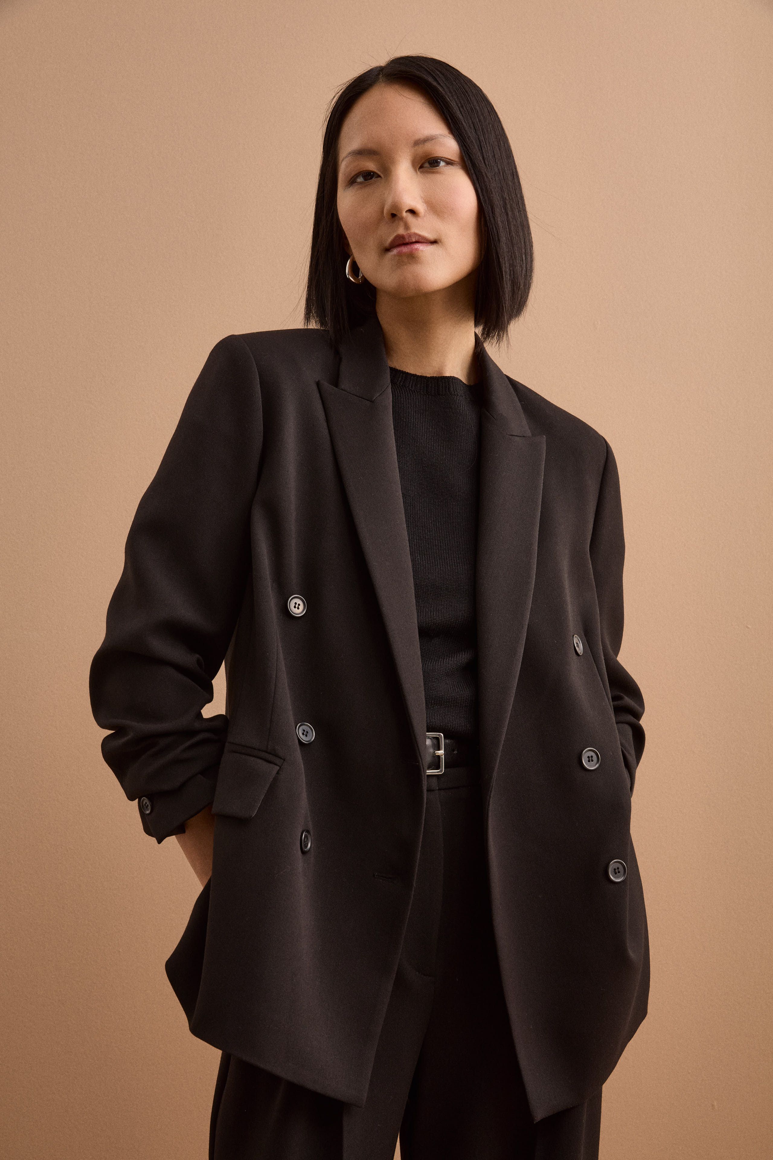 Lined Double-Breasted Blazer with Peak Lapels - BLACK