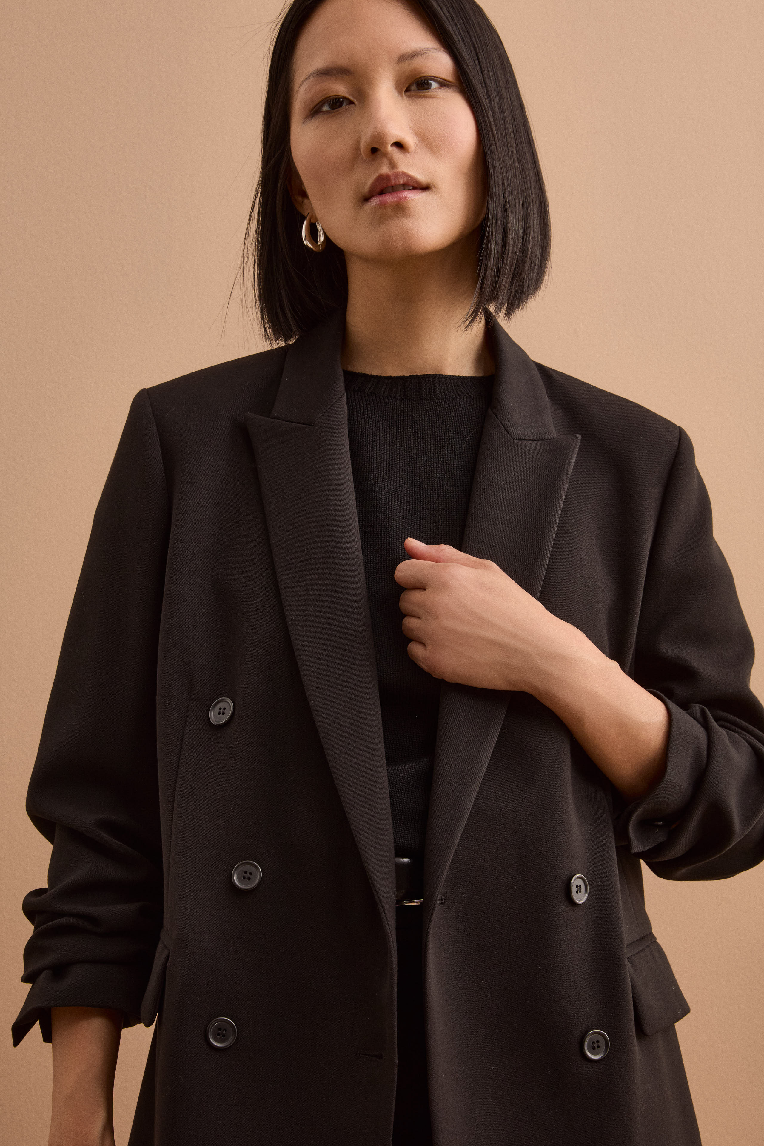 Lined Double-Breasted Blazer with Peak Lapels - BLACK