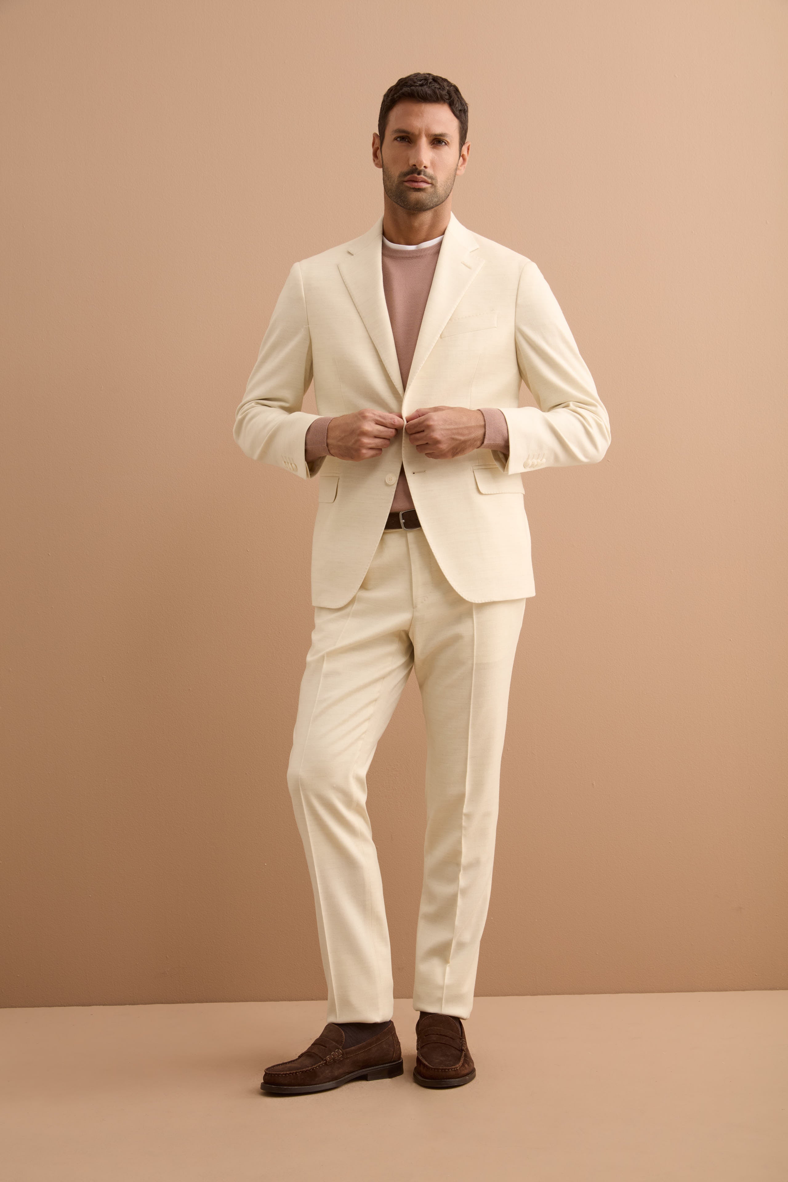 Abito Monopetto Slim Fit in Lana e Cashmere - PANNA