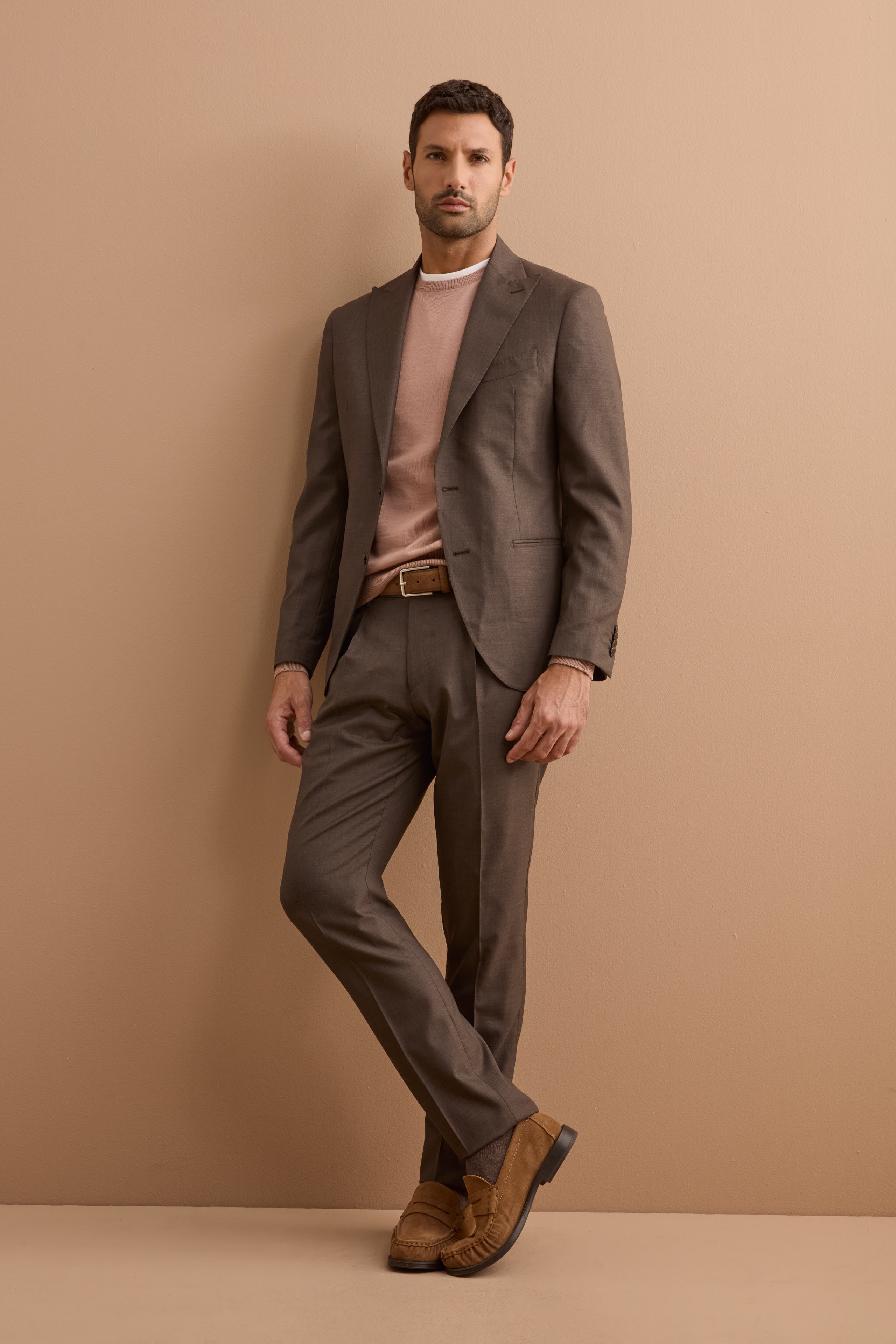 Abito Monopetto Slim Fit in Pura Lana con Pinces - MARRONE