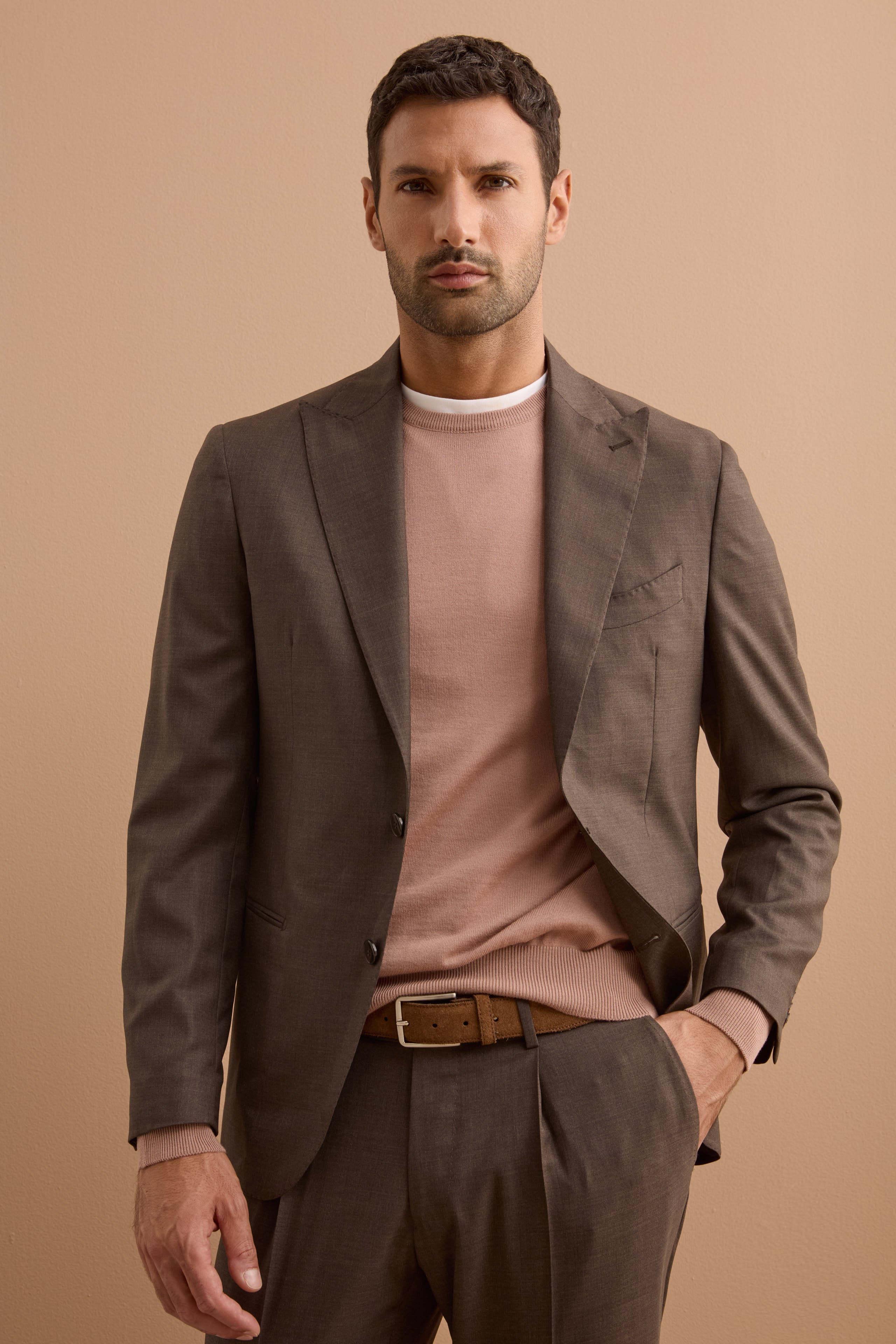 Abito Monopetto Slim Fit in Pura Lana con Pinces - MARRONE