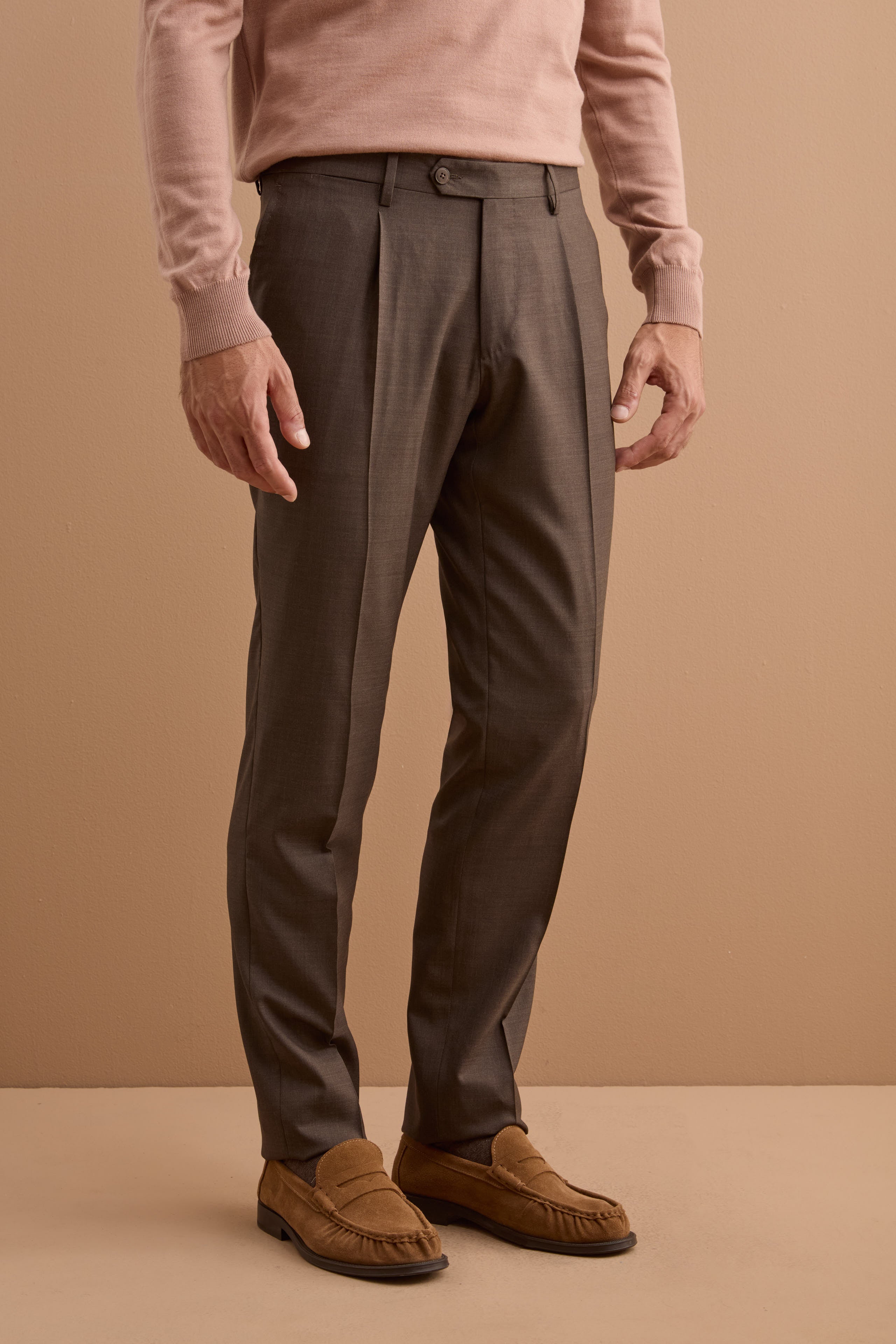 Abito Monopetto Slim Fit in Pura Lana con Pinces - MARRONE