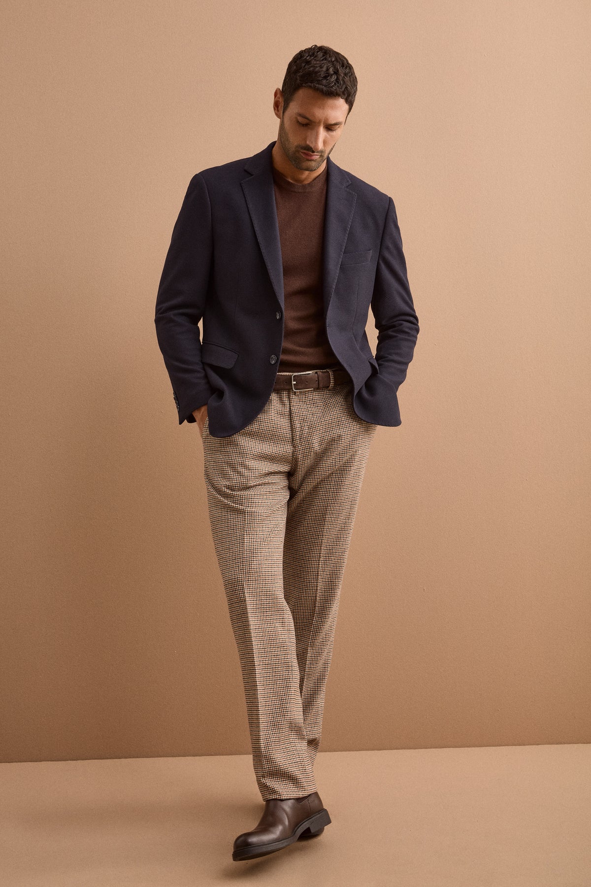 Wool Blend Regular Fit Houndstooth Trousers - BLUE