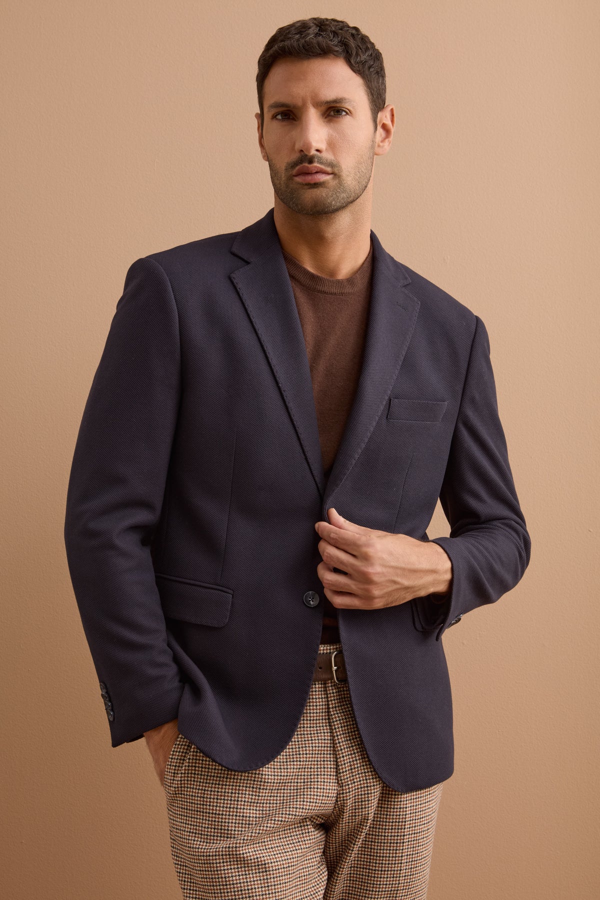 Wool Blend Regular Fit Houndstooth Trousers - BLUE