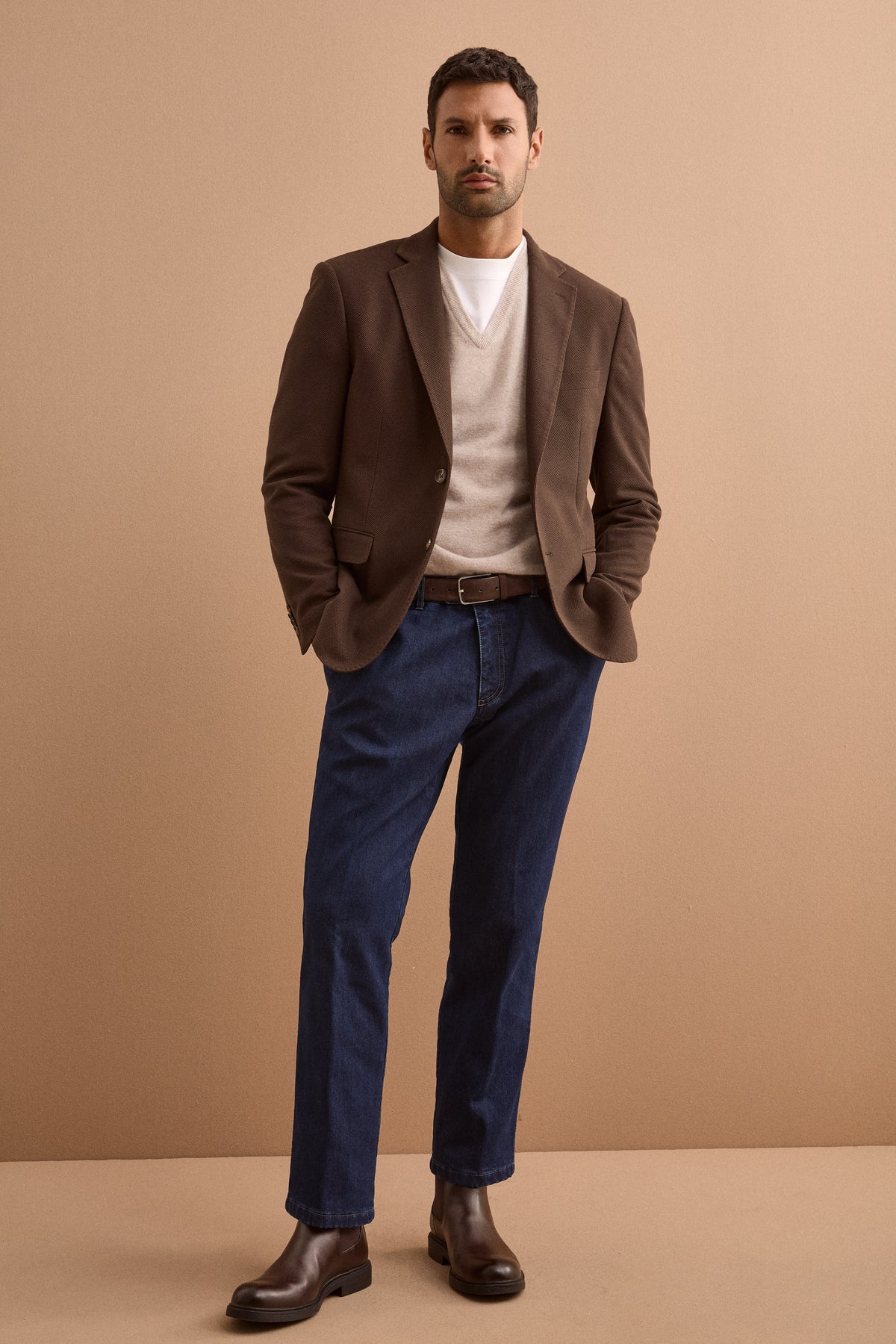 Pantalon Homme Coupe Droit Pied-de-Poule en Mélange de Laine - marron