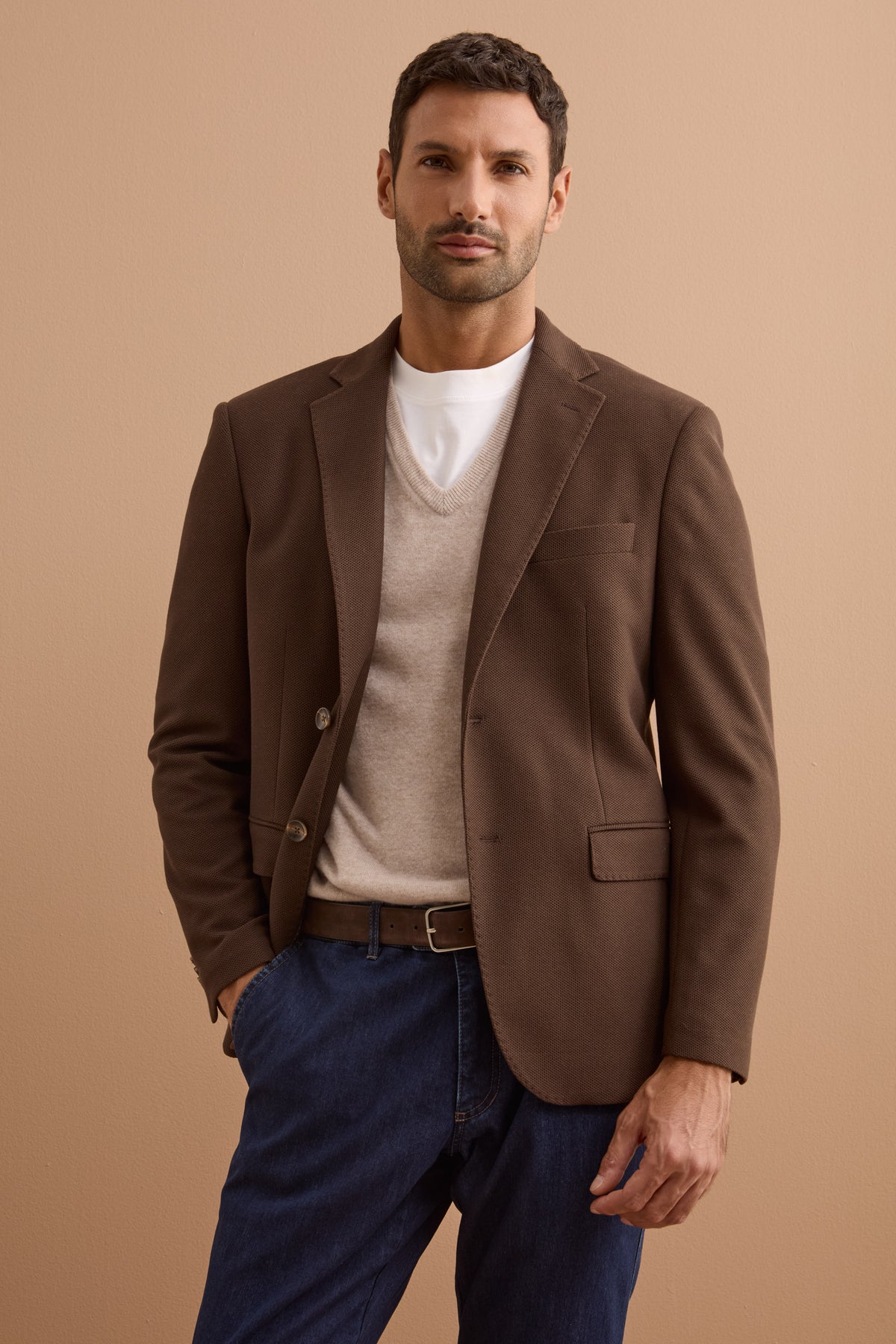 Pantalon Homme Coupe Droit Pied-de-Poule en Mélange de Laine - marron