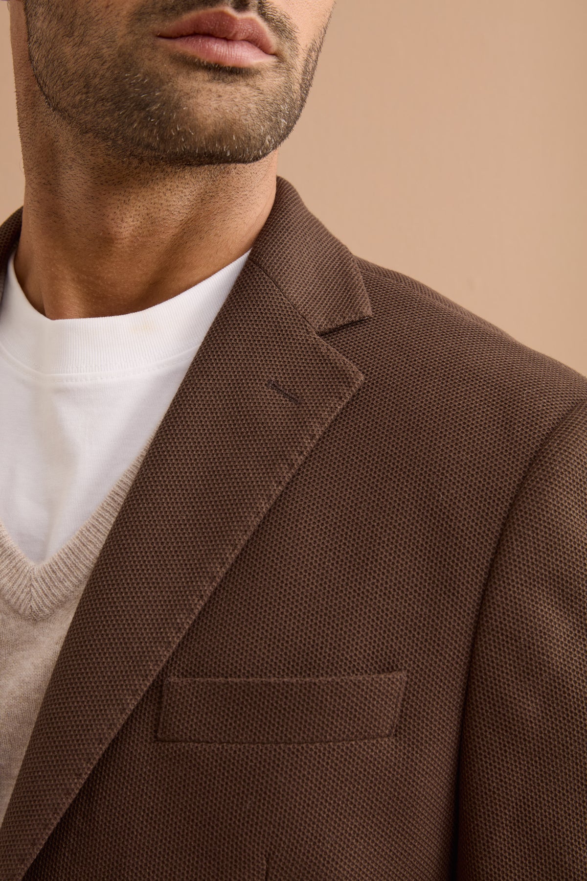 Pantalon Homme Coupe Droit Pied-de-Poule en Mélange de Laine - marron