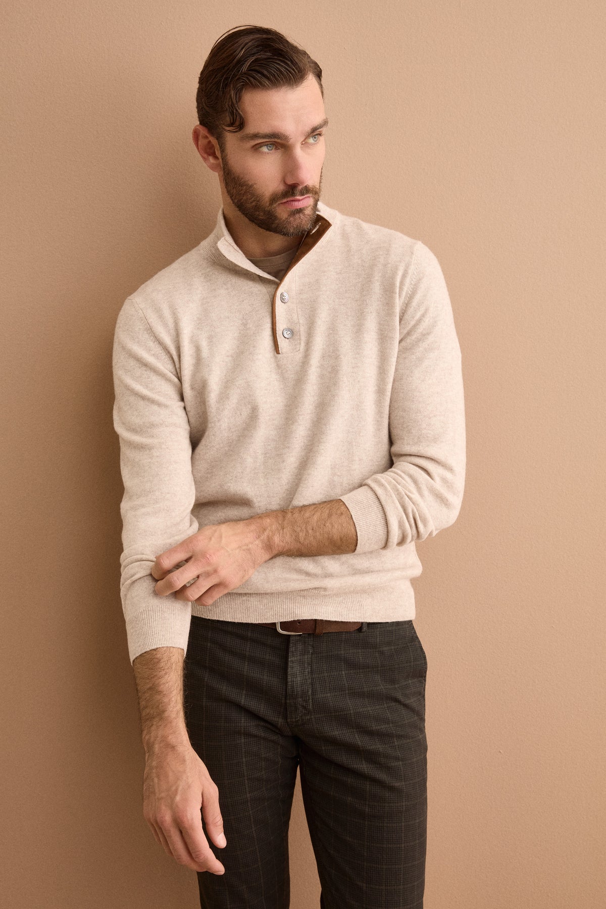 Pull en Mélange de Laine et Cachemire avec Col Montant Boutonné - BEIGE
