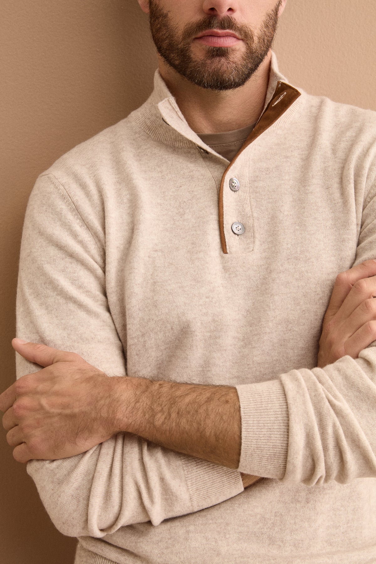 Pull en Mélange de Laine et Cachemire avec Col Montant Boutonné - BEIGE