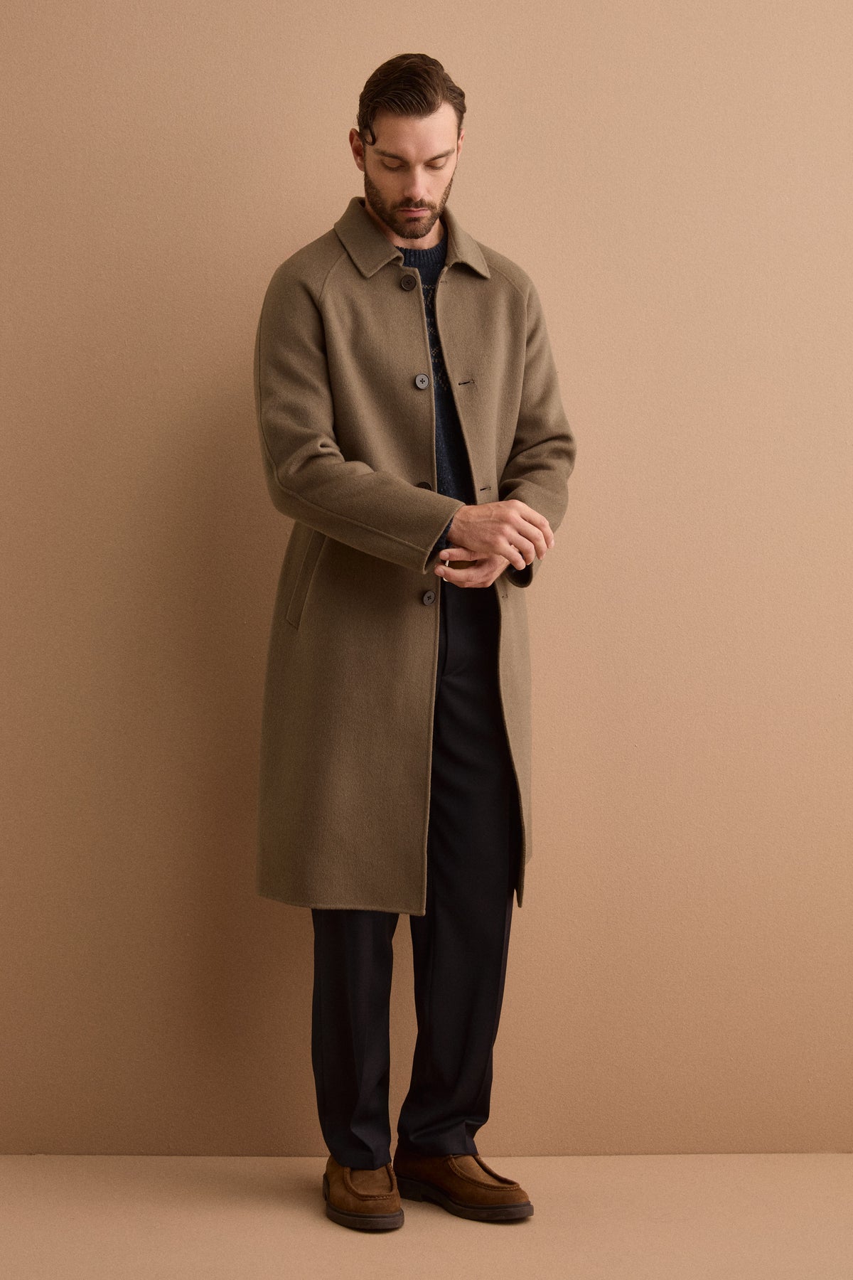 Manteau Croisé Façon Peignoir en Pure Laine avec Manches Raglan - TAUPE