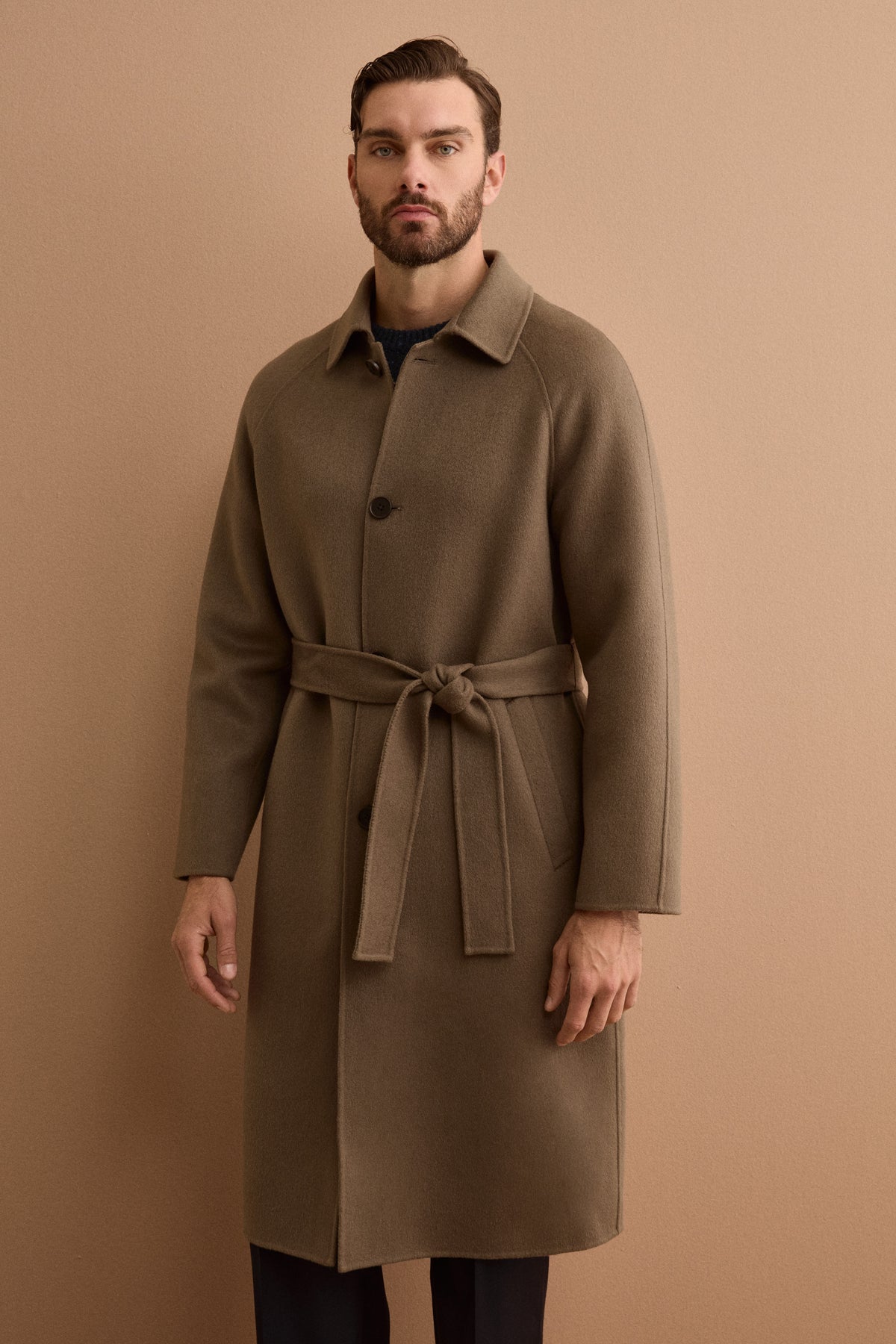 Manteau Croisé Façon Peignoir en Pure Laine avec Manches Raglan - TAUPE