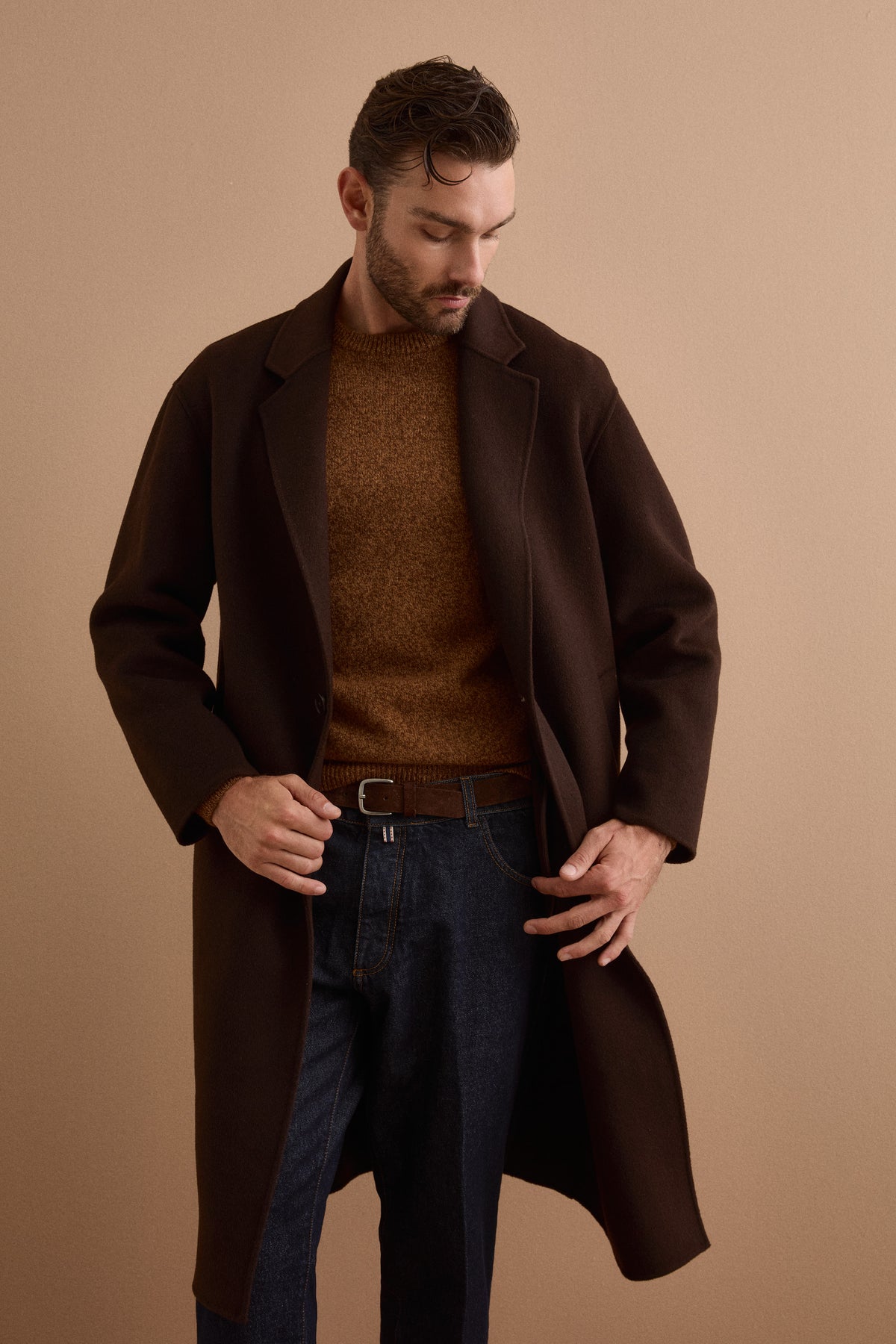 Herren Oversize Einreihiger Wollmantel - braun