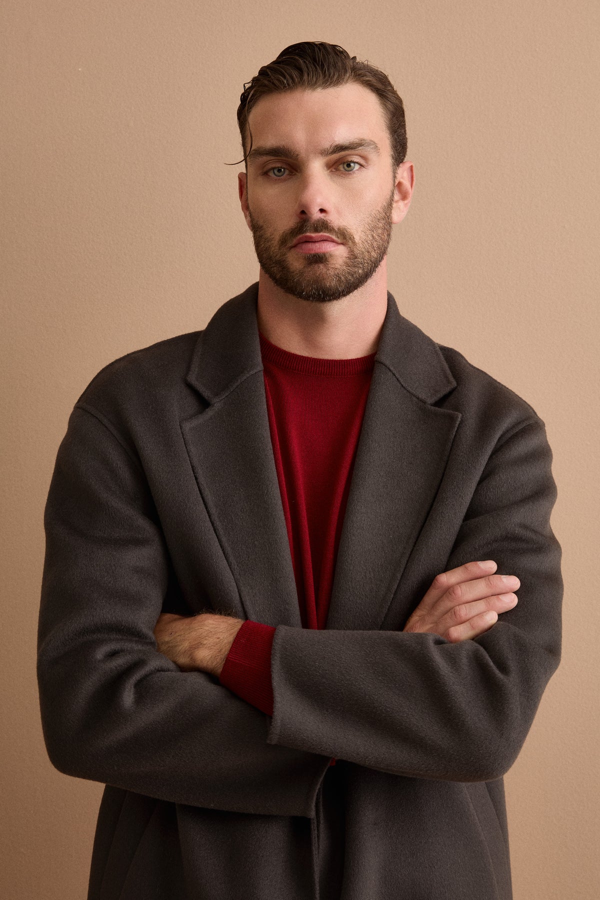 Herren Oversize Einreihiger Wollmantel - Dunkelgrau