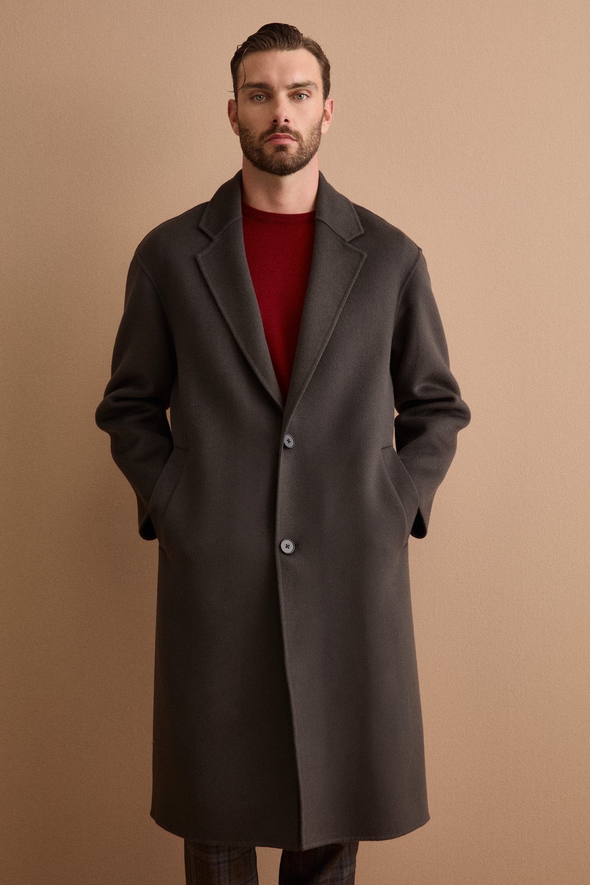 Herren Oversize Einreihiger Wollmantel - Dunkelgrau