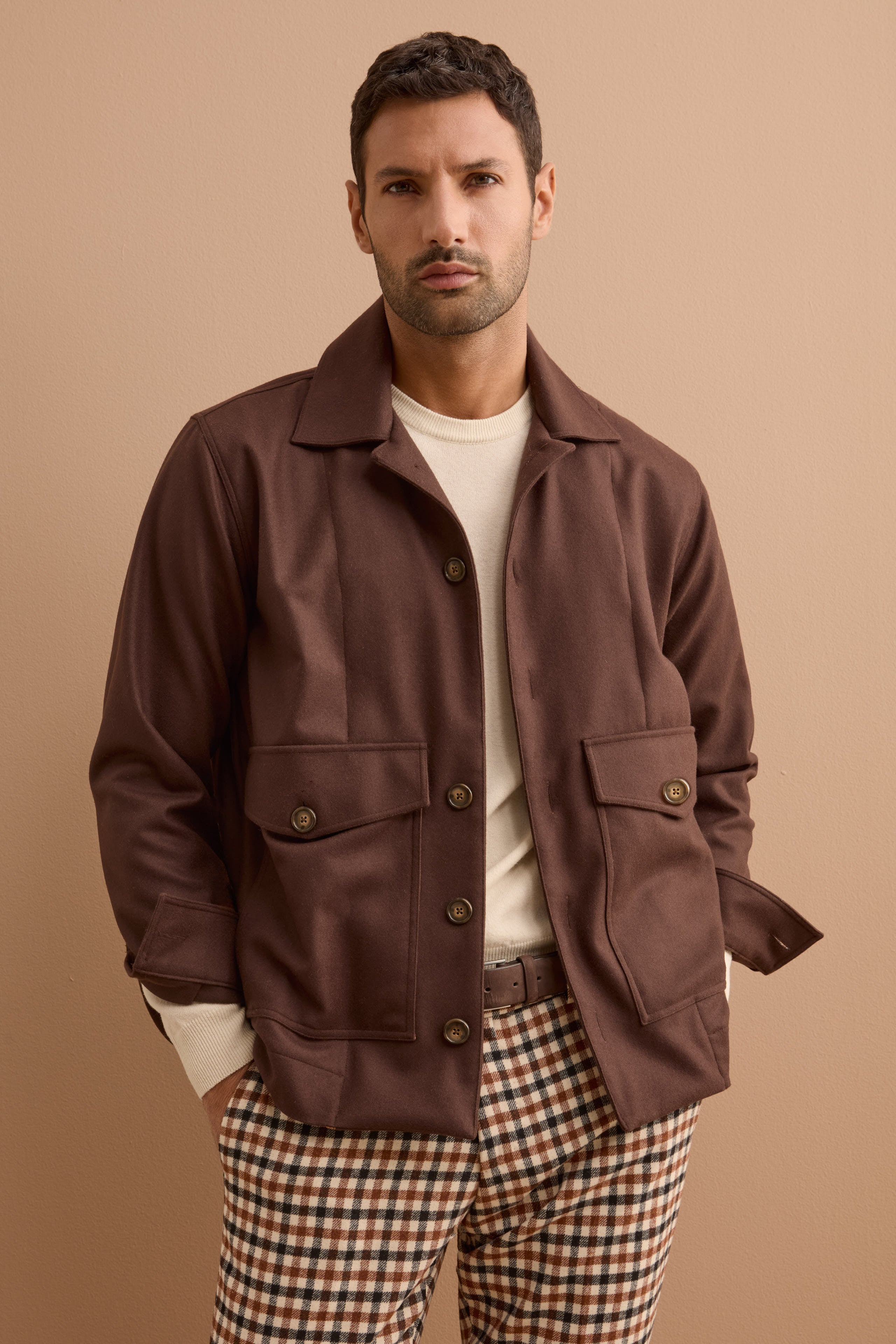 Wool Blend Overshirt Jacket with Pockets - -