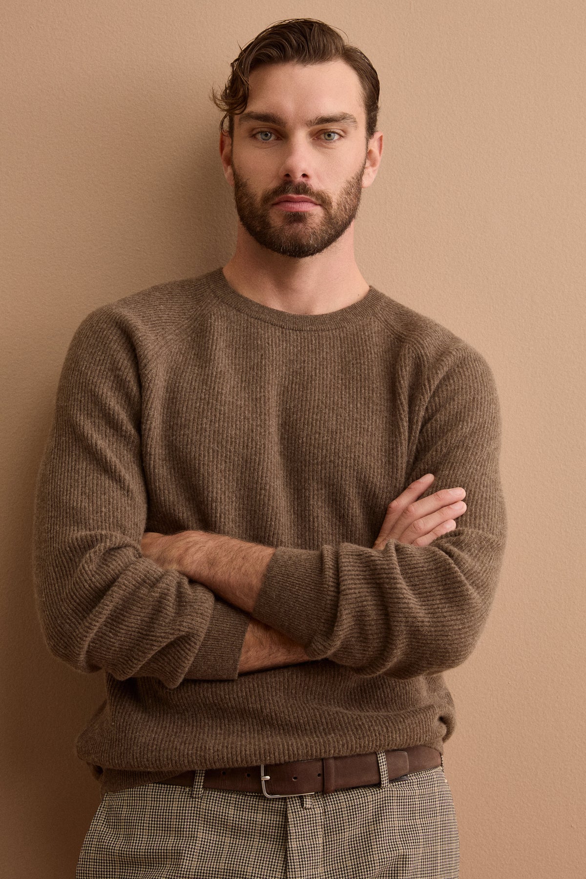 Pull Homme Col Rond en Laine Mérinos à Côte Anglaise - Marron noyer