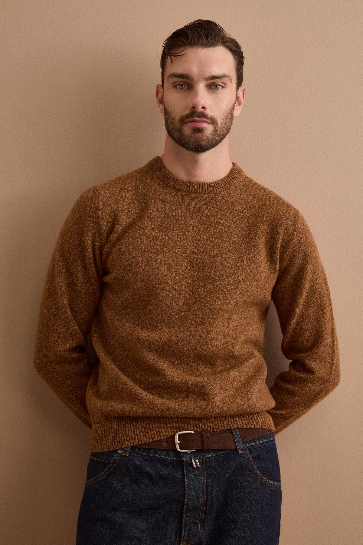Herren Mouliné-Rundhalspullover aus Reiner Merinowolle - -
