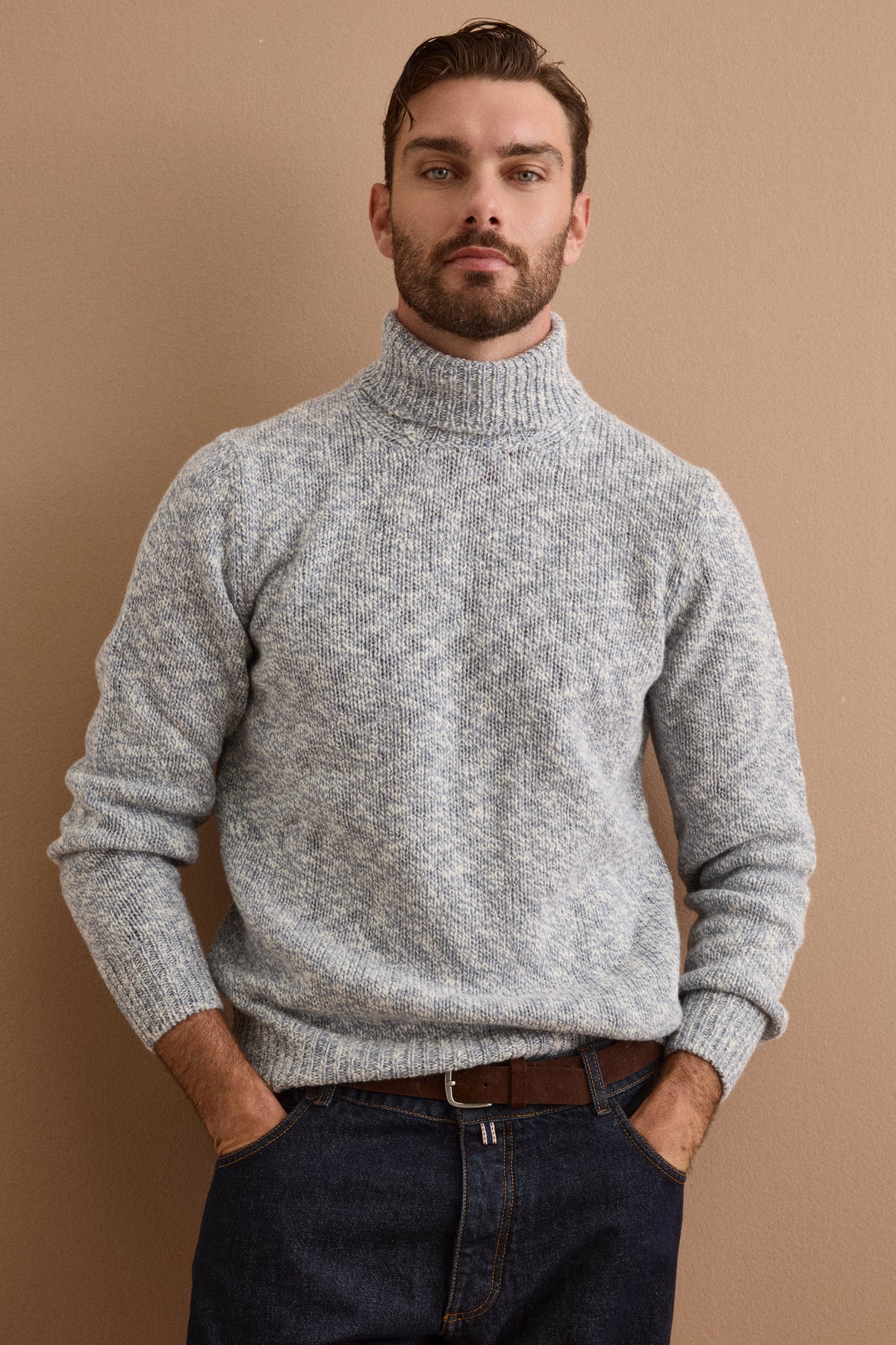 Herren Malfilé-Merino-Wollpullover mit Rollkragen - Hellblau