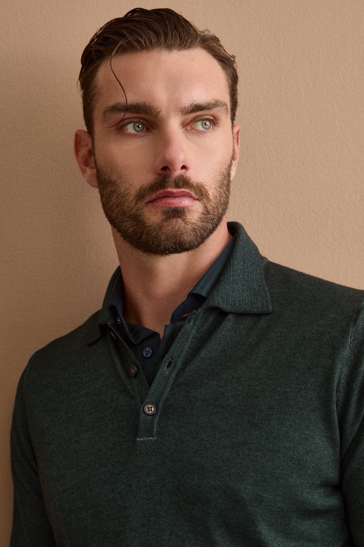 Herren Regular-Fit Langarm-Poloshirt aus Merinowolle - Grün