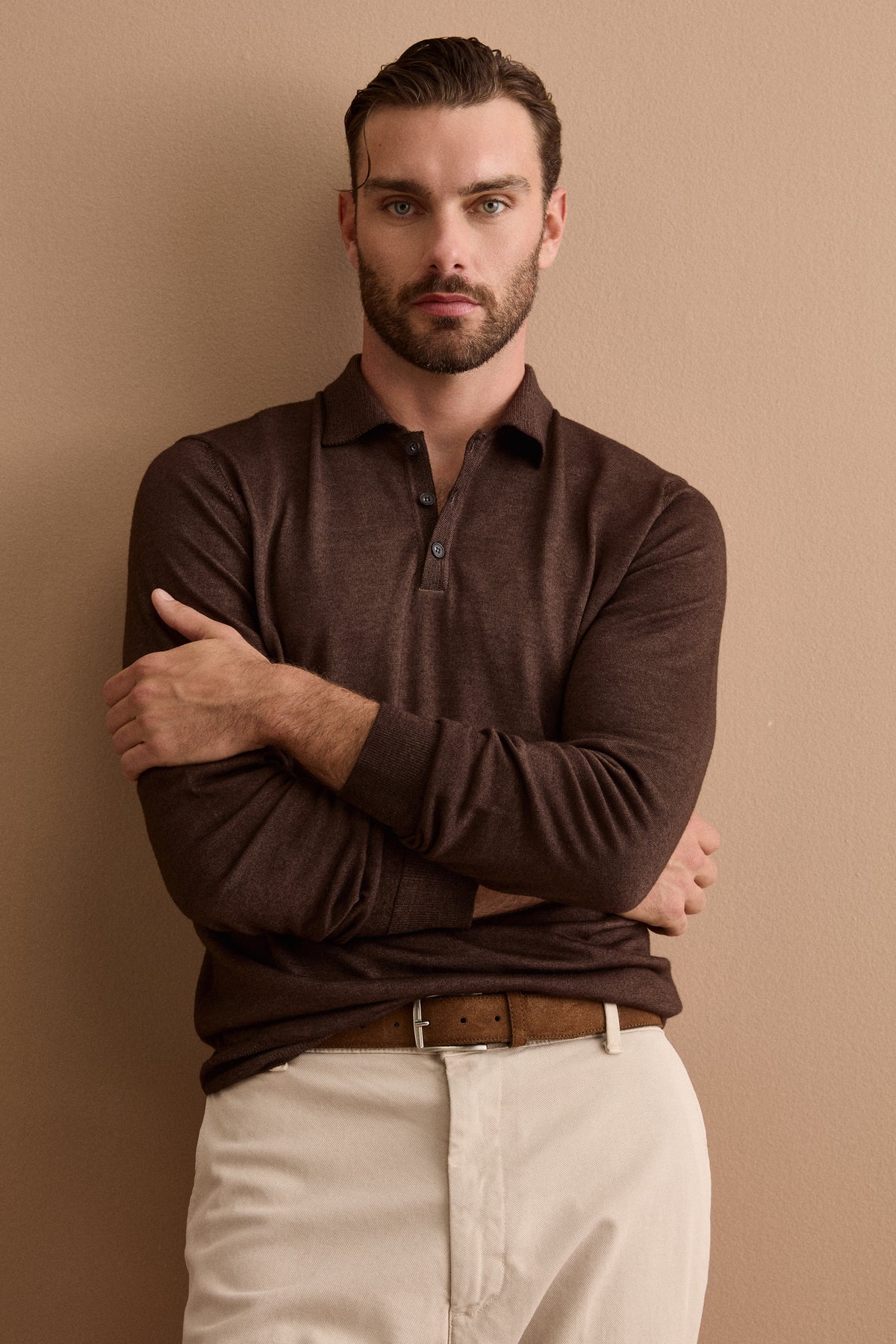 Herren Regular-Fit Langarm-Poloshirt aus Merinowolle - braun
