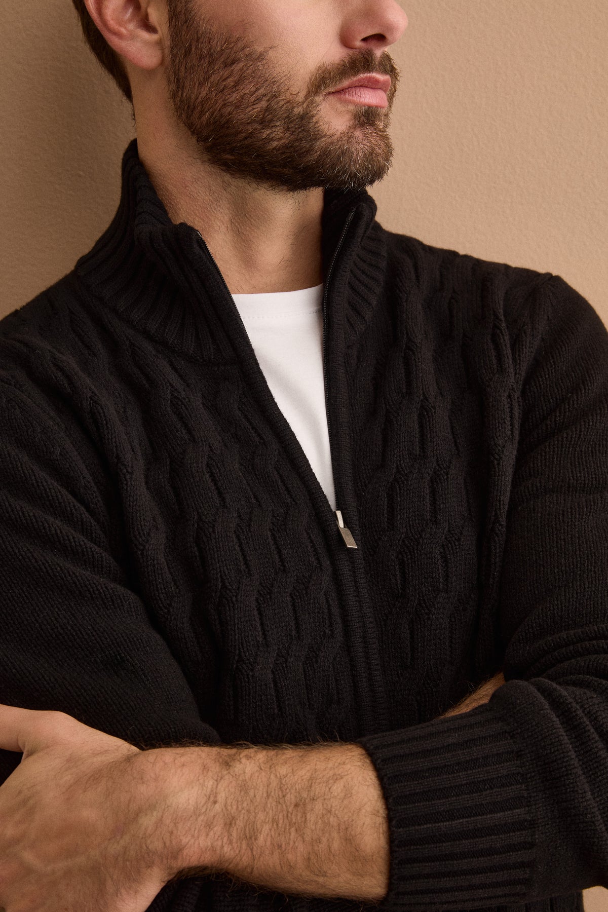 Lupetto a Treccia con Zip in Lana e Cashmere - NERO