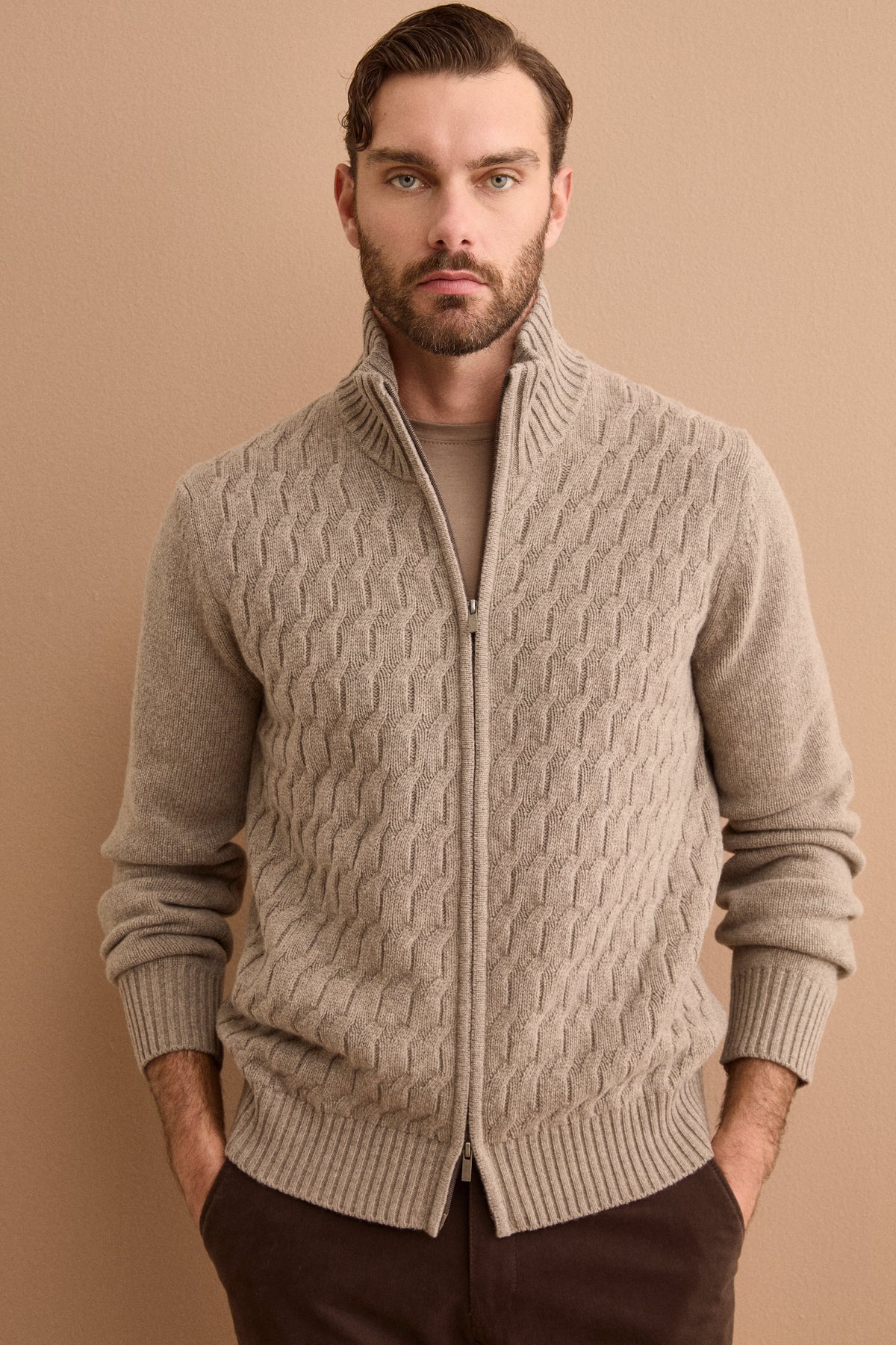 Lupetto a Treccia con Zip in Lana e Cashmere - TORTORA