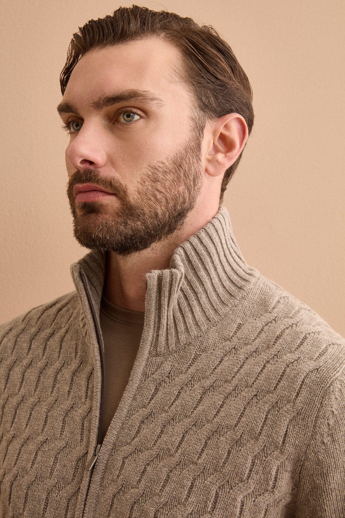 Lupetto a Treccia con Zip in Lana e Cashmere - TORTORA