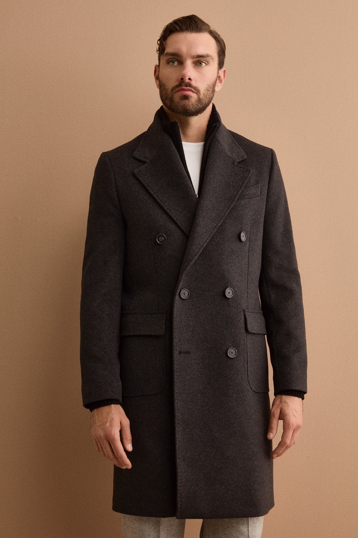Cappotto Midi Doppiopetto in Misto Lana - GRIGIO