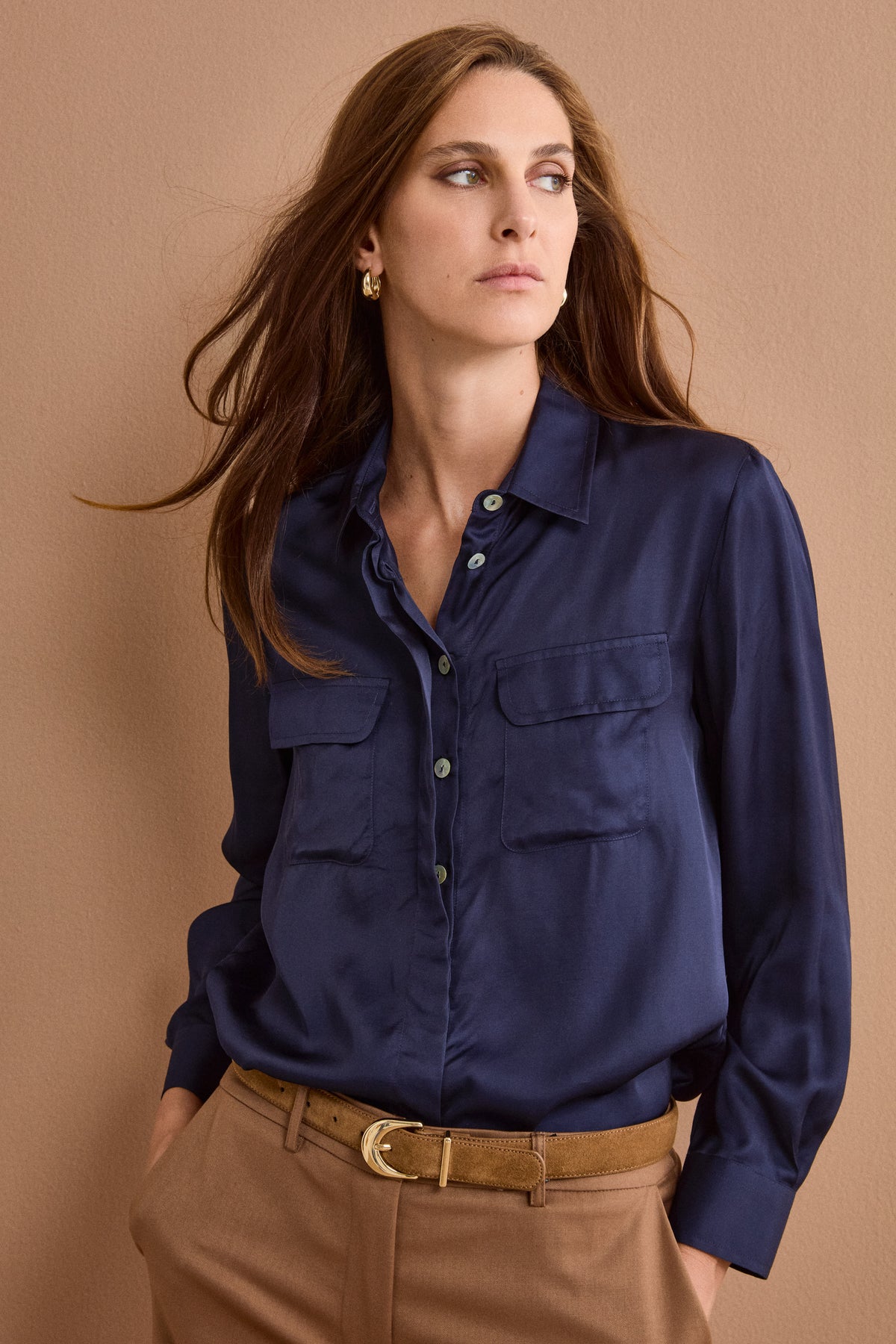 Chemise oversize en satin avec poches - BLEU