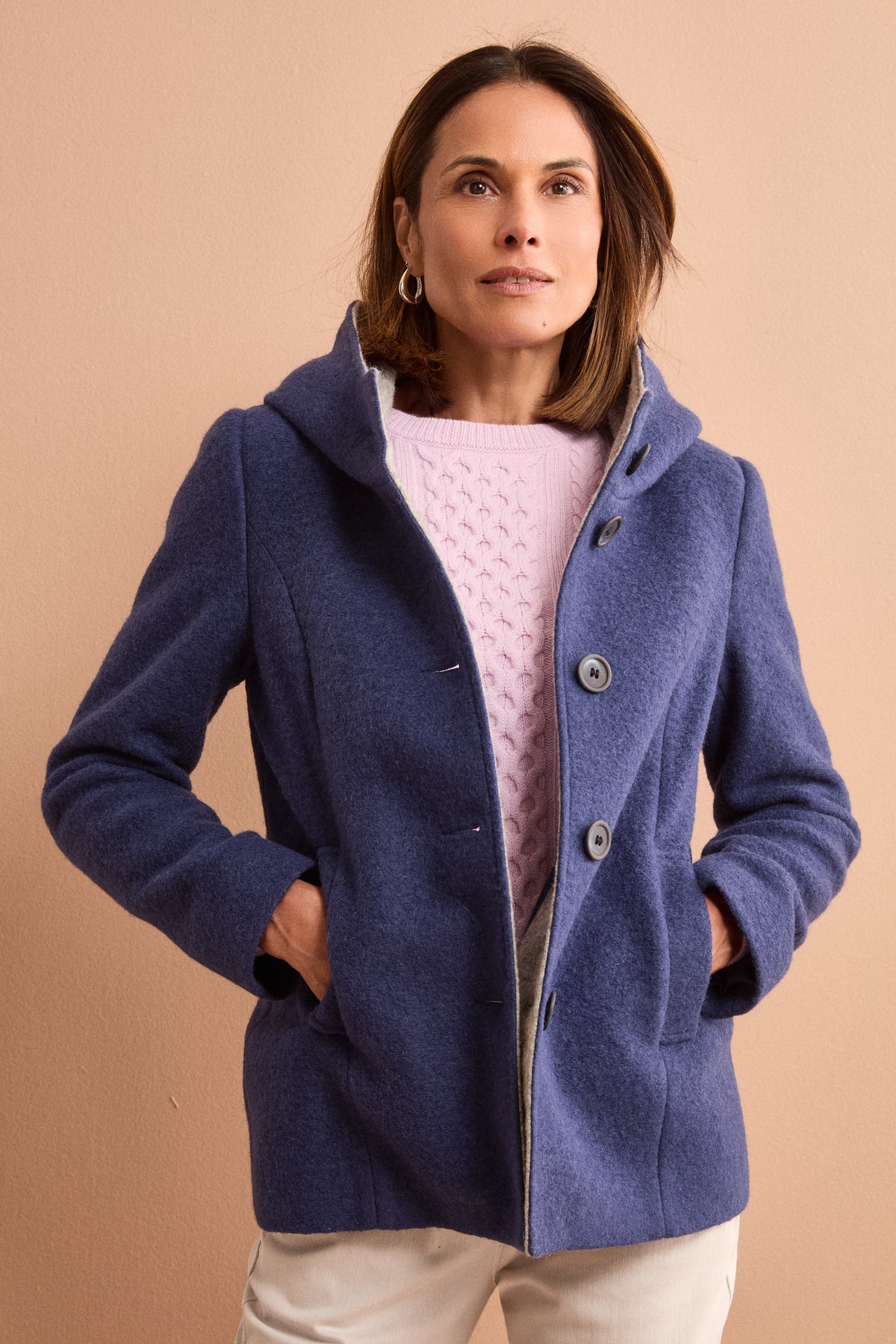Short Hooded Coat in Boiled Wool Blend - BLUE