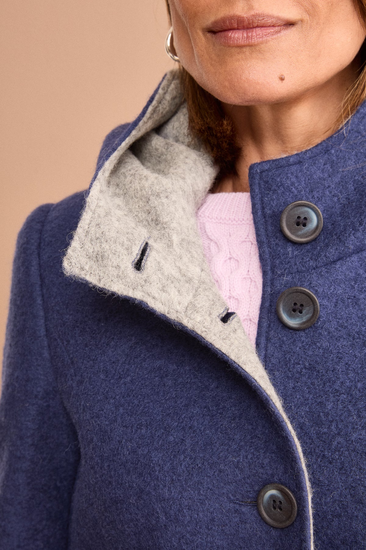 Short Hooded Coat in Boiled Wool Blend - BLUE